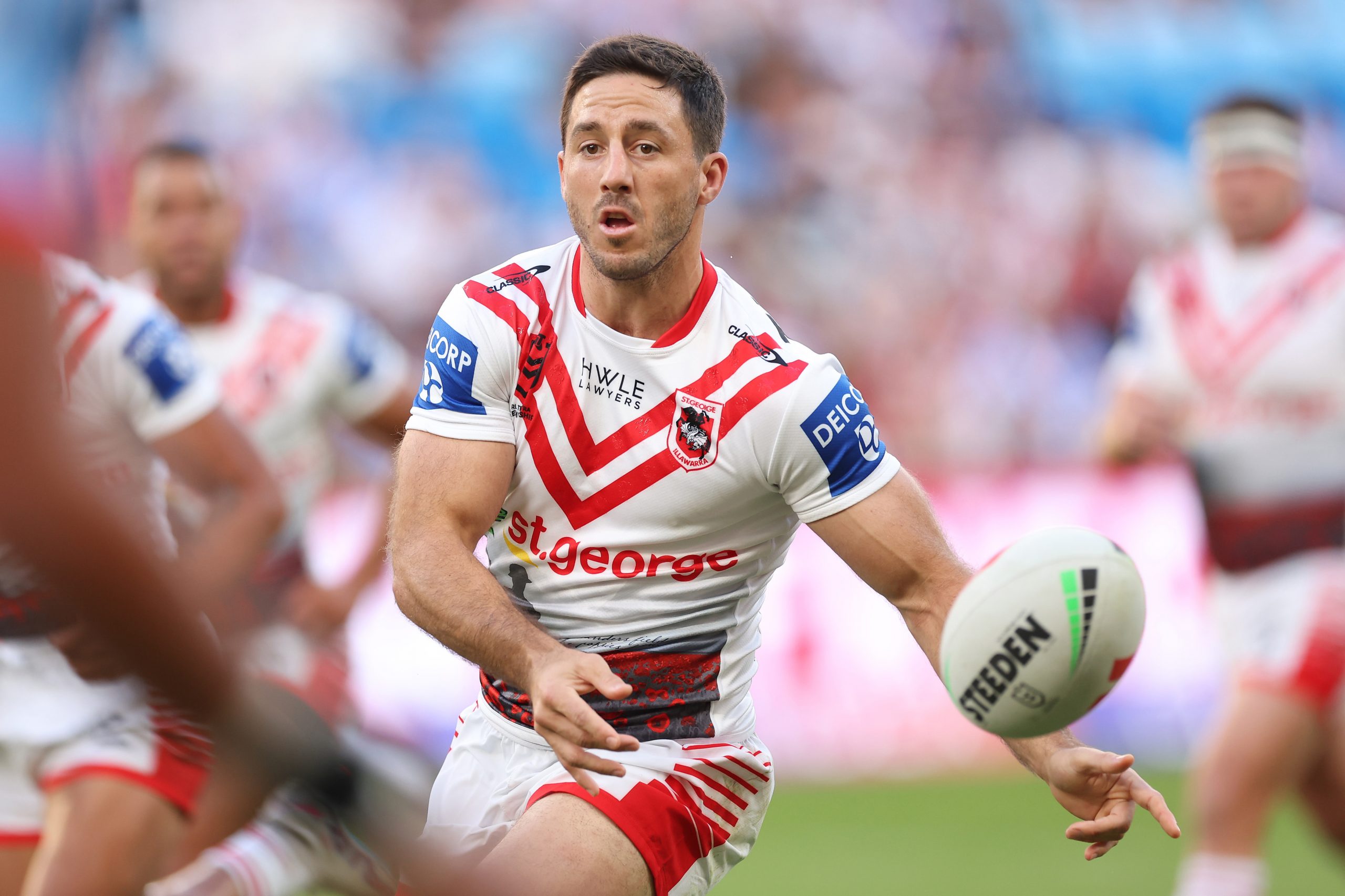 Ben Hunt of the Dragons offloads the ball during the round eight NRL match between Sydney Roosters and St George Illawarra Dragons at Allianz Stadium on April 25, 2023 in Sydney, Australia. (Photo by Mark Kolbe/Getty Images)