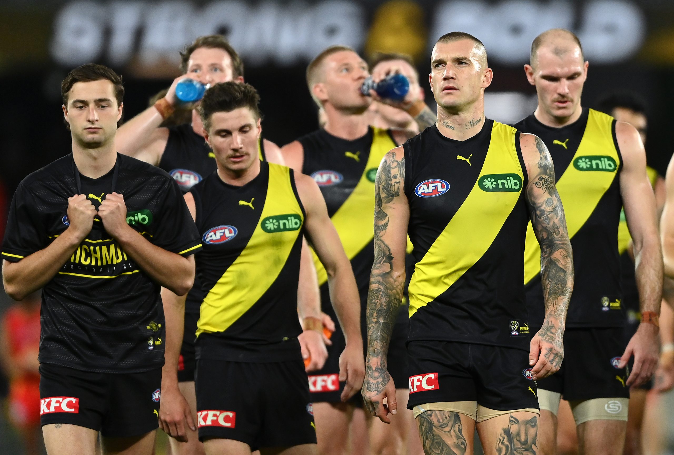 MELBOURNE, AUSTRALIA - APRIL 30: The Tigers look dejected after losing the round seven AFL match between Richmond Tigers and Gold Coast Suns at Marvel Stadium, on April 30, 2023, in Melbourne, Australia. (Photo by Quinn Rooney/Getty Images)