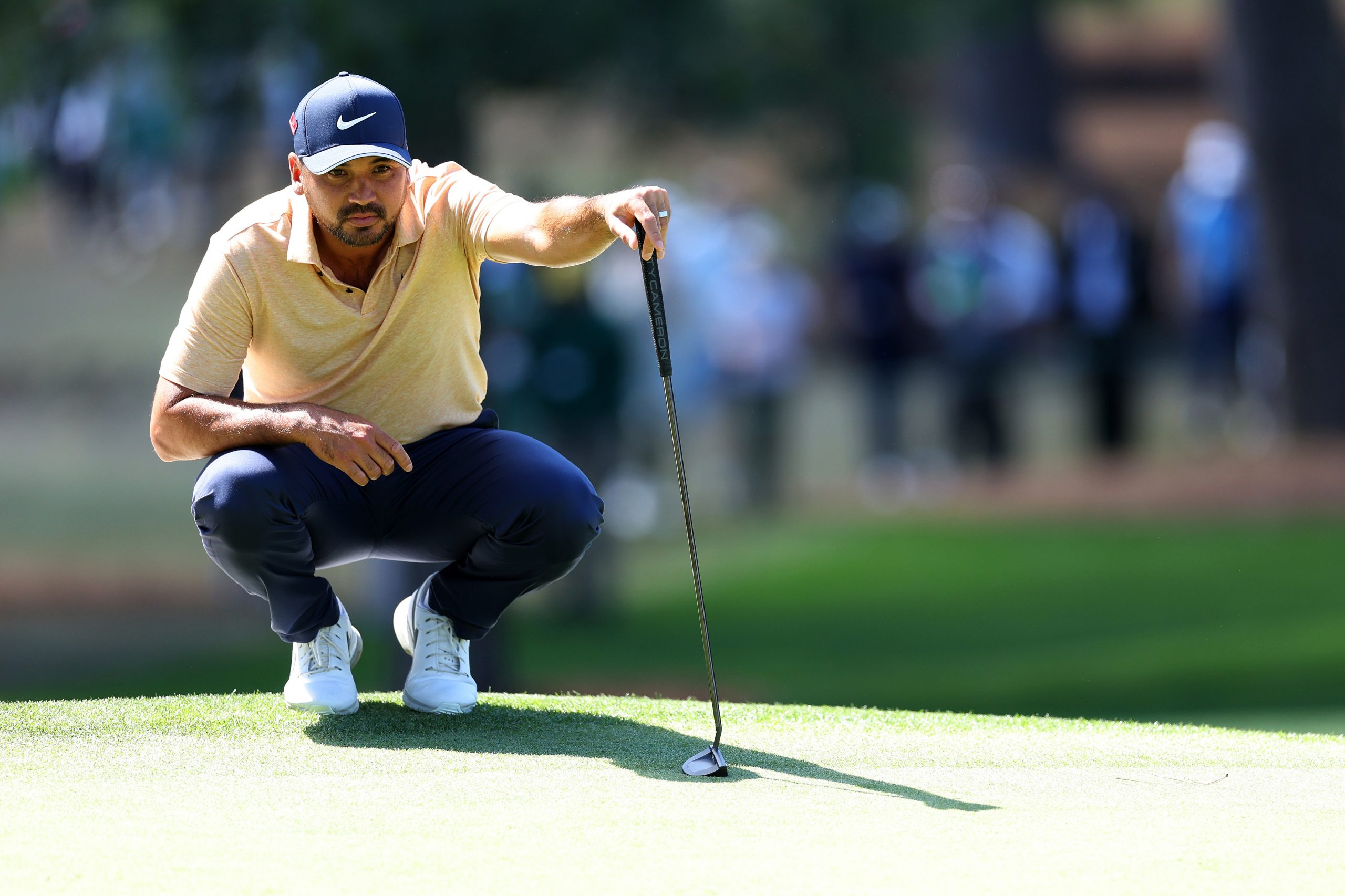 AUGUSTA, GEORGIA - APRIL 09: Jason Day of Australia looks over a putt on the seventh green during the final round of the 2023 Masters Tournament at Augusta National Golf Club on April 09, 2023 in Augusta, Georgia. (Photo by Andrew Redington/Getty Images)