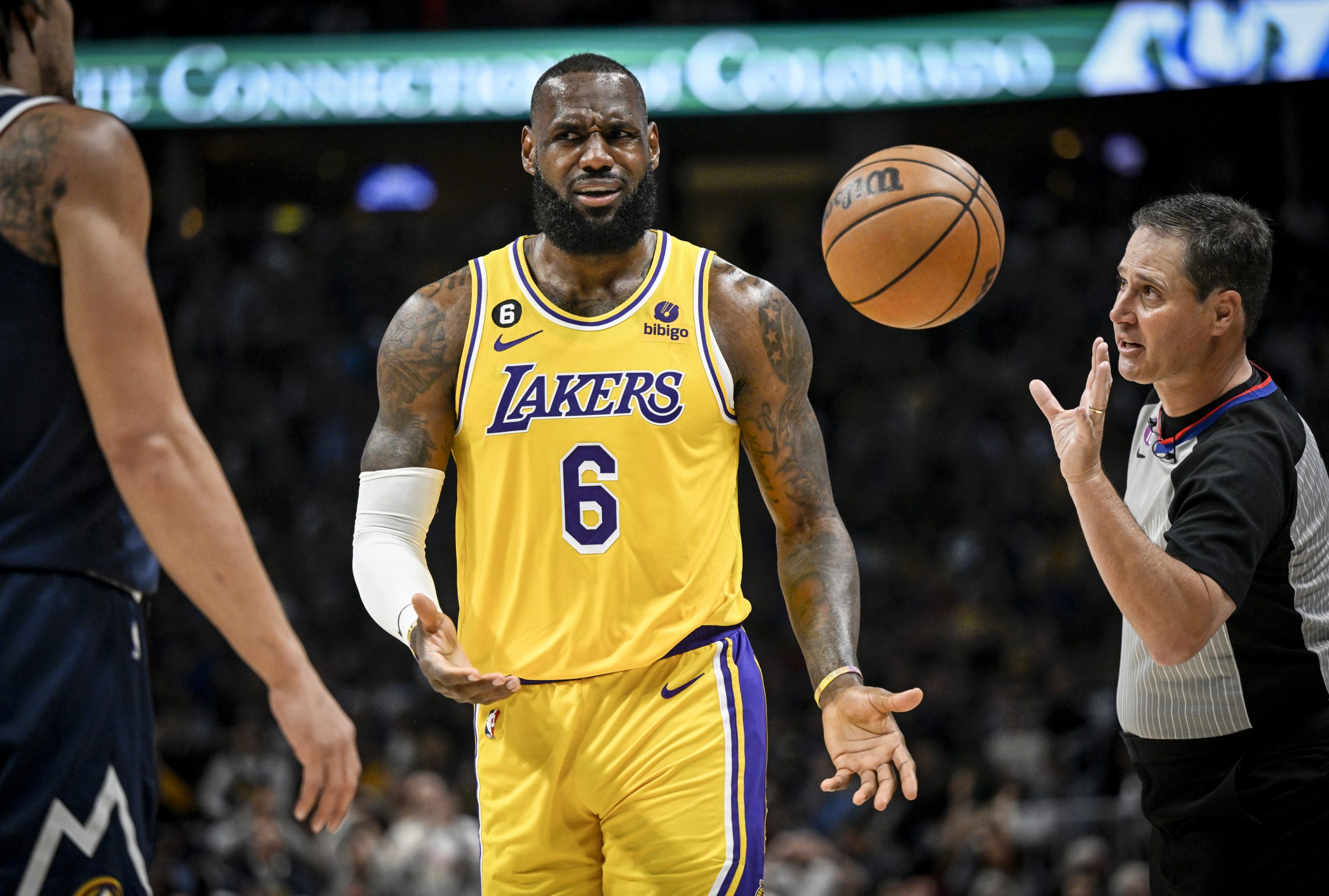 DENVER, CO - MAY 18: LeBron James (6) of the Los Angeles Lakers argues with referee David Guthrie (16) during the first quarter against the Denver Nuggets at Ball Arena in Denver on Thursday, May 18, 2023. (Photo by AAron Ontiveroz/The Denver Post)