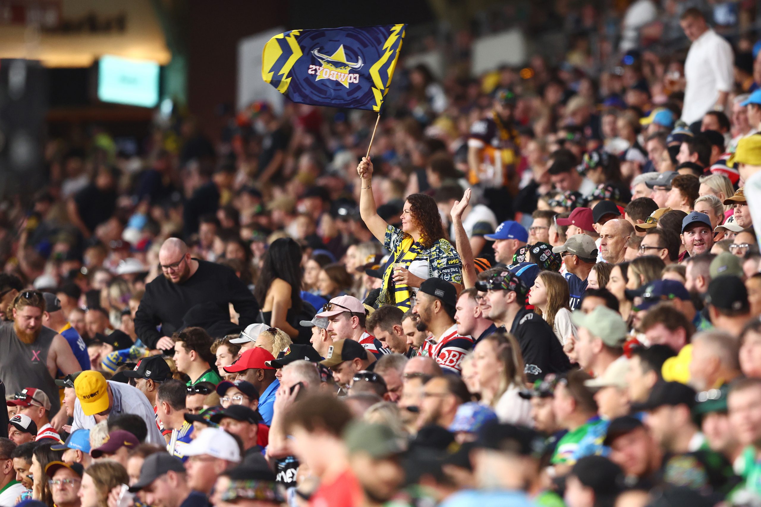 Fans cheer during Magic Round at Suncorp Stadium.