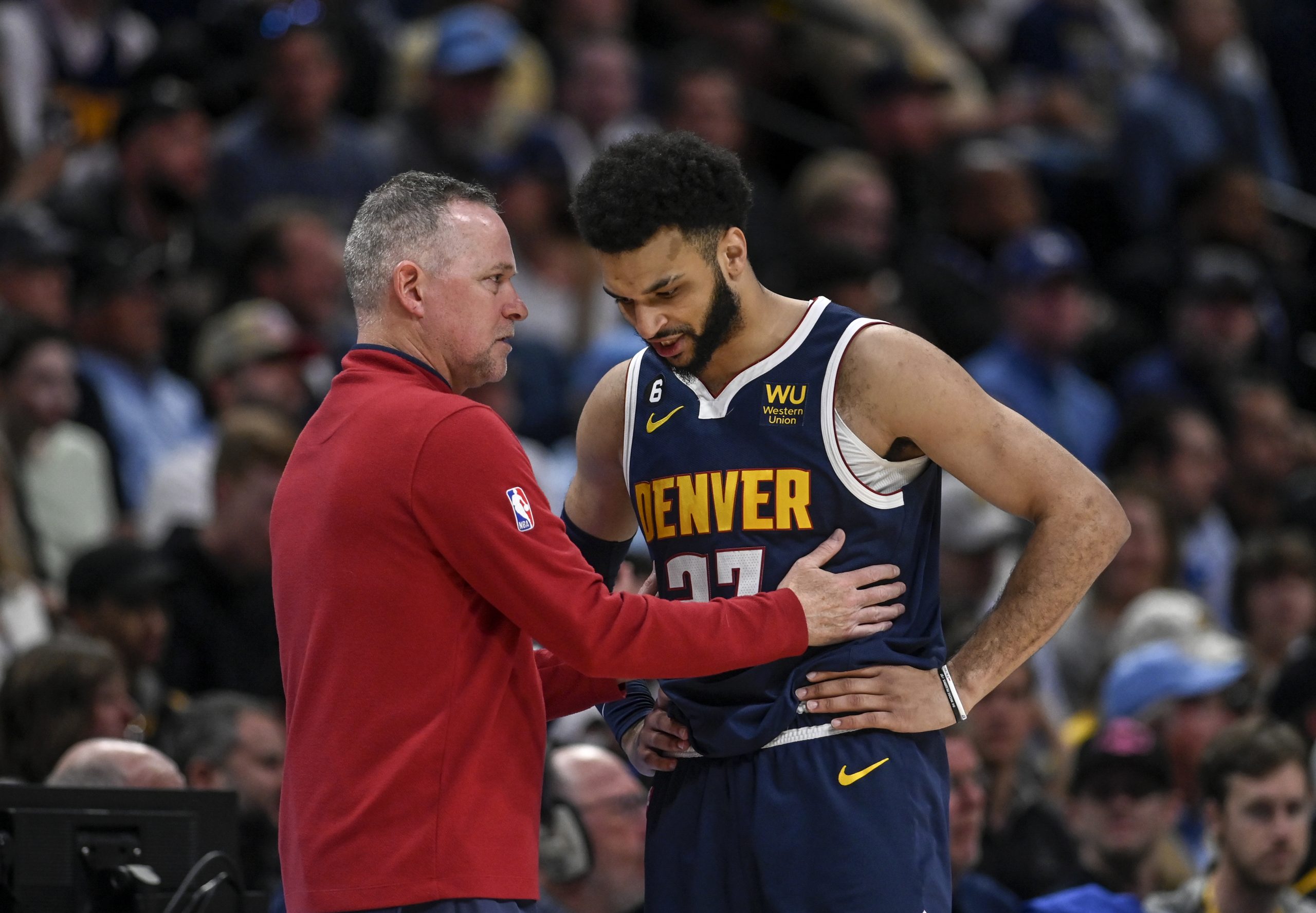 DENVER, CO - MAY 18: Denver Nuggets head coach Michael Malone speaks to Jamal Murray (27) of the Denver Nuggets during the first quarter against the Los Angeles Lakers at Ball Arena in Denver on Thursday, May 18, 2023. (Photo by AAron Ontiveroz/The Denver Post)