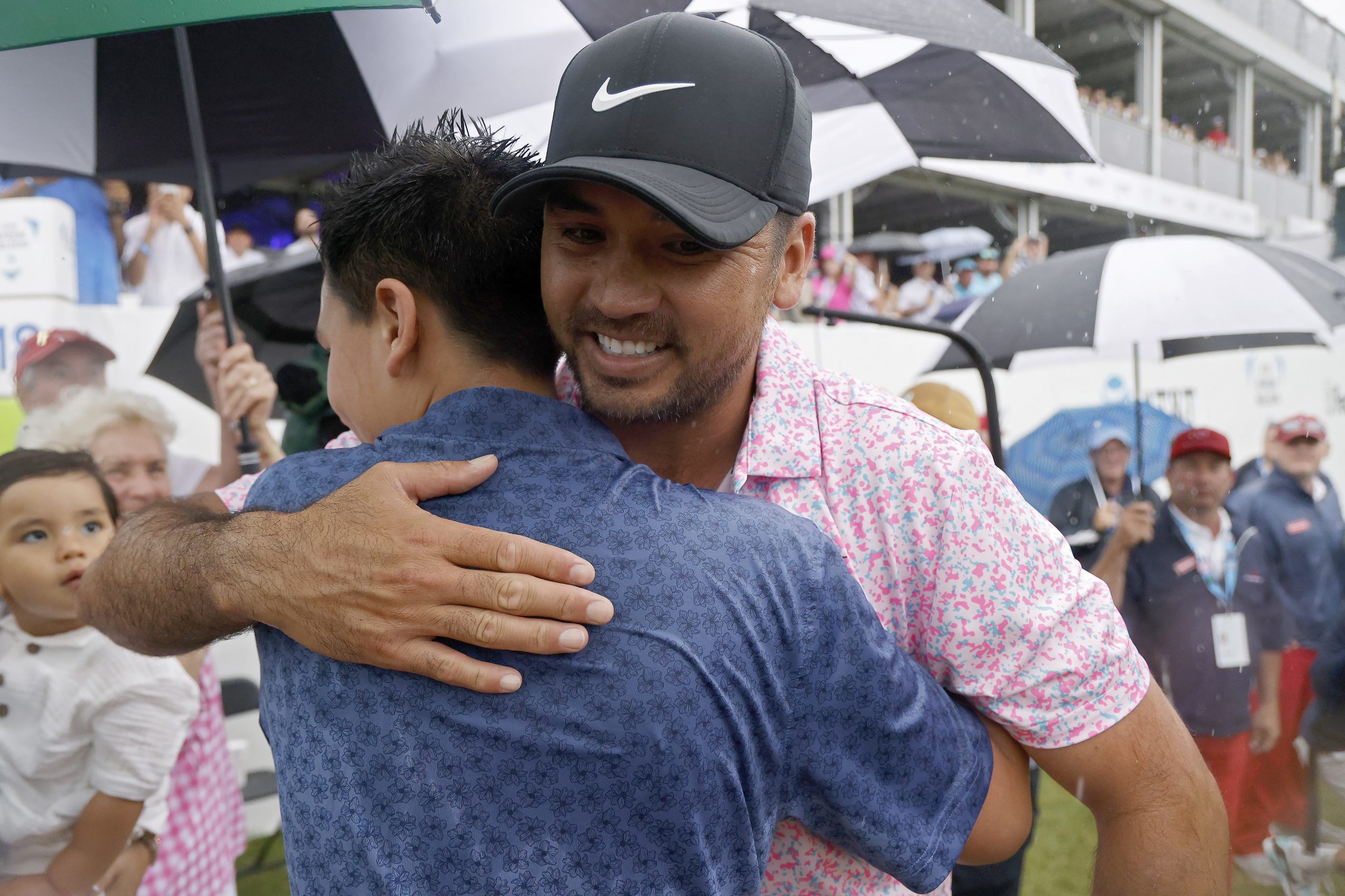 Jason Day and son Dash celebrate after he won the Byron Nelson in Texas.
