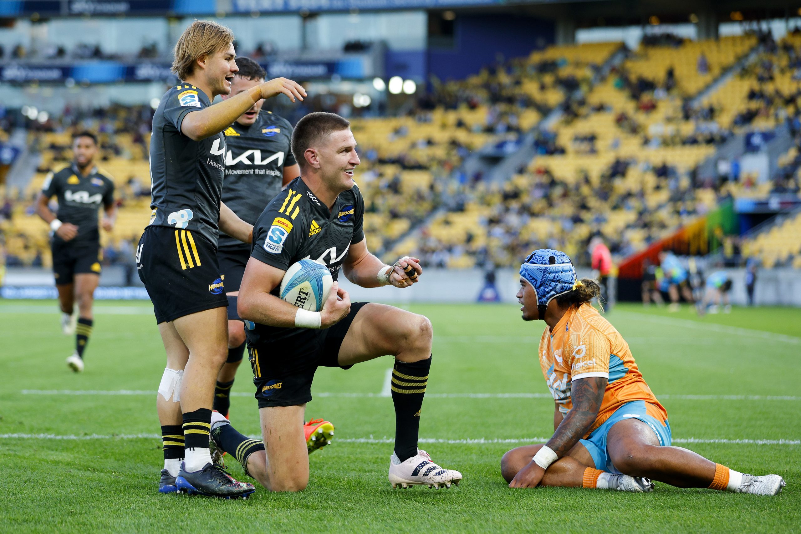 WELLINGTON, NEW ZEALAND - MAY 13: Jordie Barrett of the Hurricanes celebrates after scoring a try during the round 12 Super Rugby Pacific match between Hurricanes and Moana Pasifika at Sky Stadium, on May 13, 2023, in Wellington, New Zealand. (Photo by Hagen Hopkins/Getty Images)