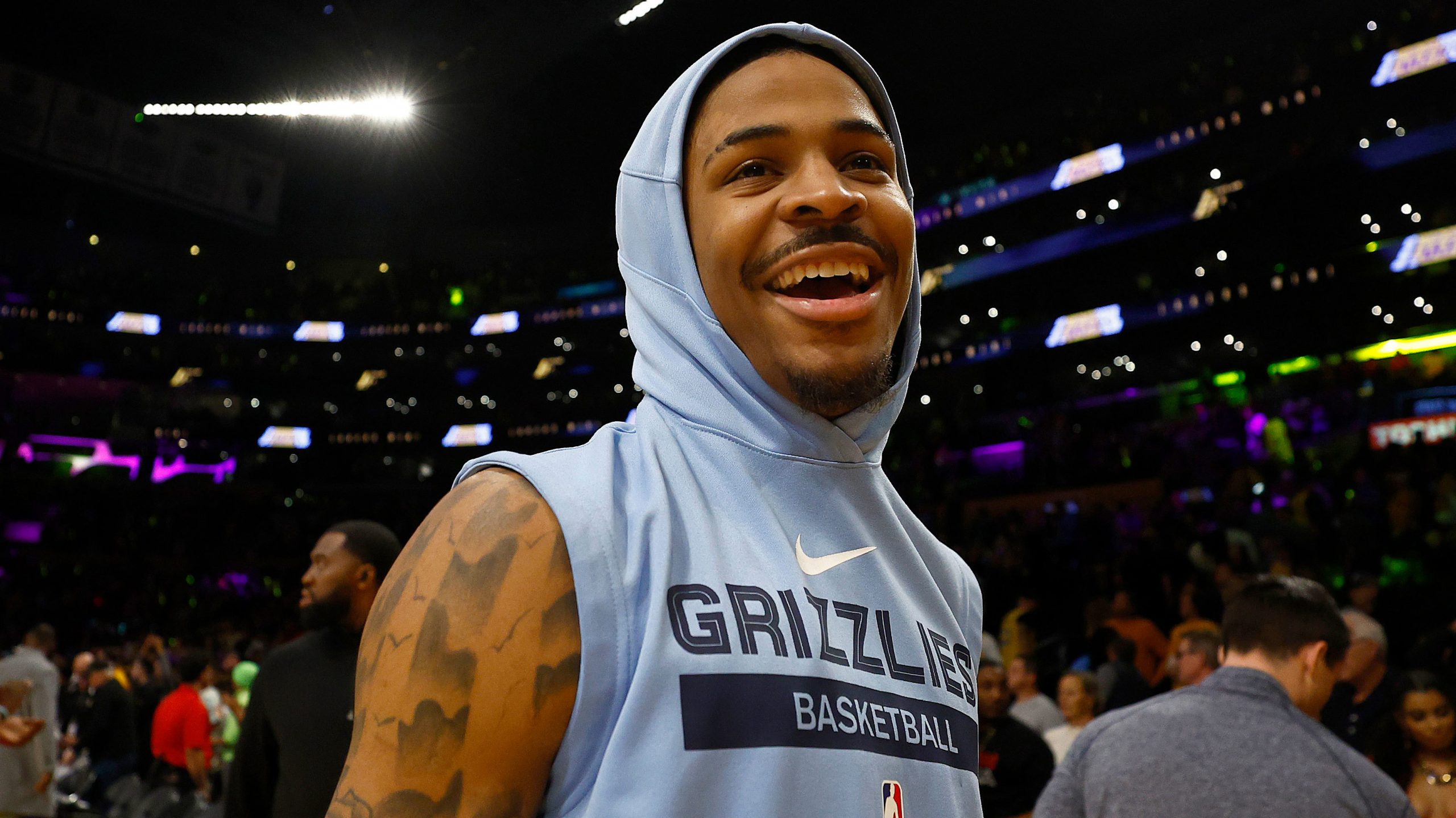 Ja Morant #12 of the Memphis Grizzlies leaves the court after game six of the Western Conference first round playoffs against the Los Angeles Lakers.