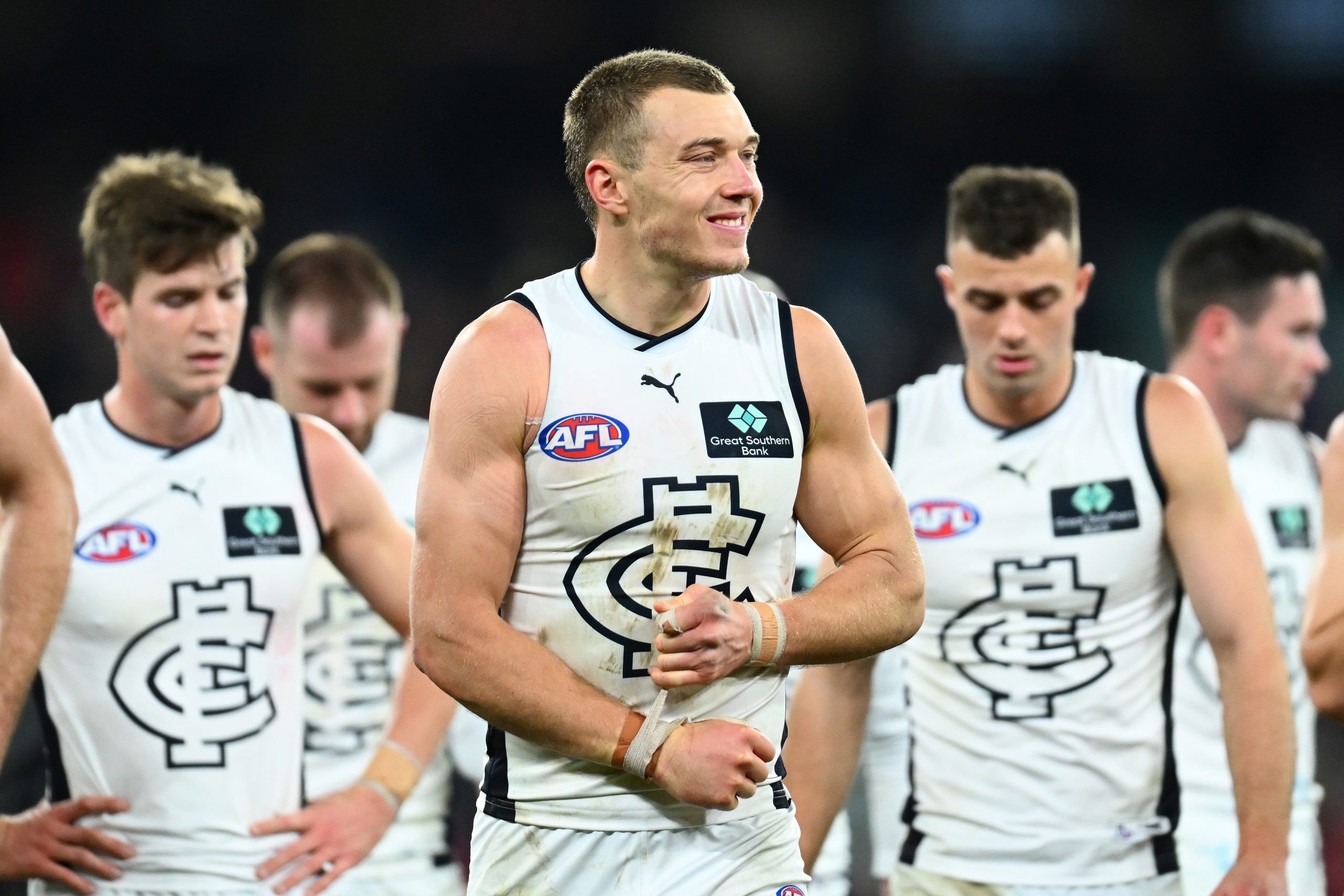 MELBOURNE, AUSTRALIA - JUNE 02: Patrick Cripps of the Blues looks dejected after losing the round 12 AFL match between Melbourne Demons and Carlton Blues at Melbourne Cricket Ground, on June 02, 2023, in Melbourne, Australia. (Photo by Quinn Rooney/Getty Images)