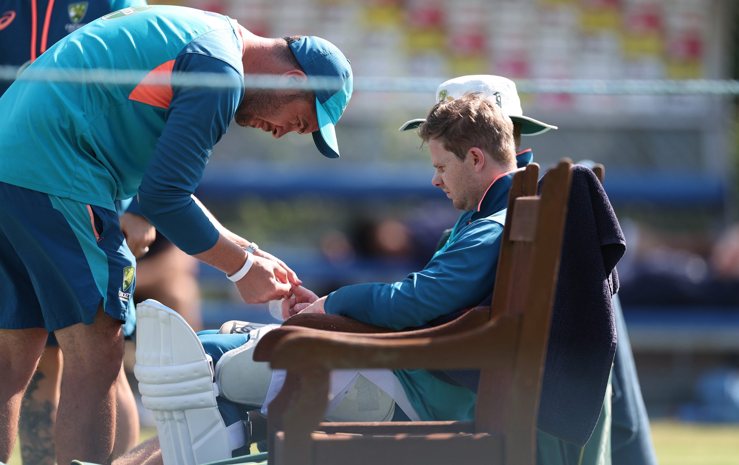 Steve Smith of Australia reacts after being struck on the finger in the nets during a session at Edgbaston.