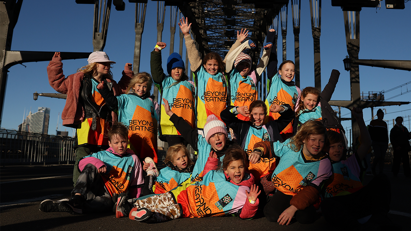 Young football fans take part in the FIFA Women's World Cup 2023 Sydney Harbour Bridge Unity Celebration.