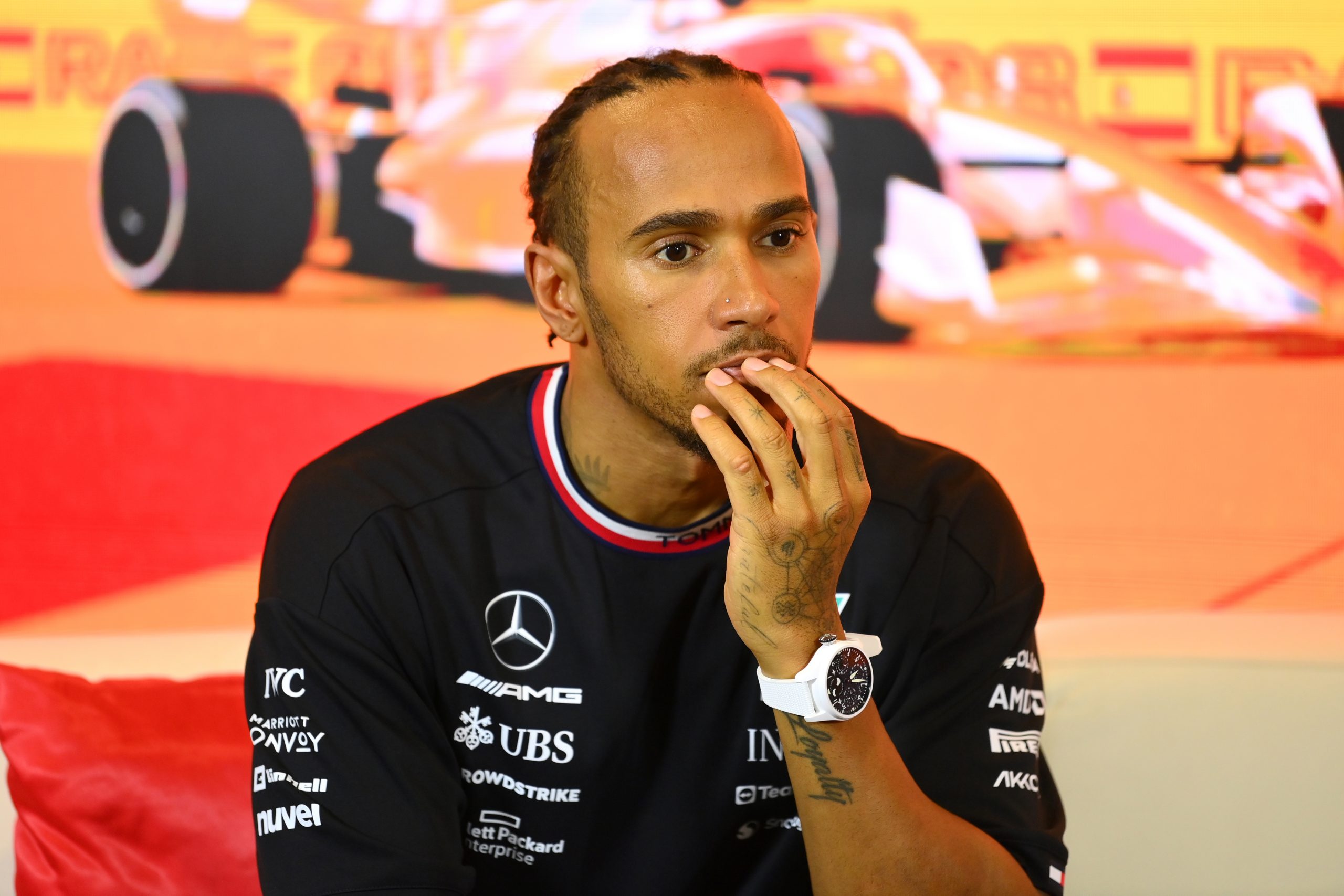 Second placed Lewis Hamilton of Great Britain and Mercedes attends the press conference after the F1 Grand Prix of Spain