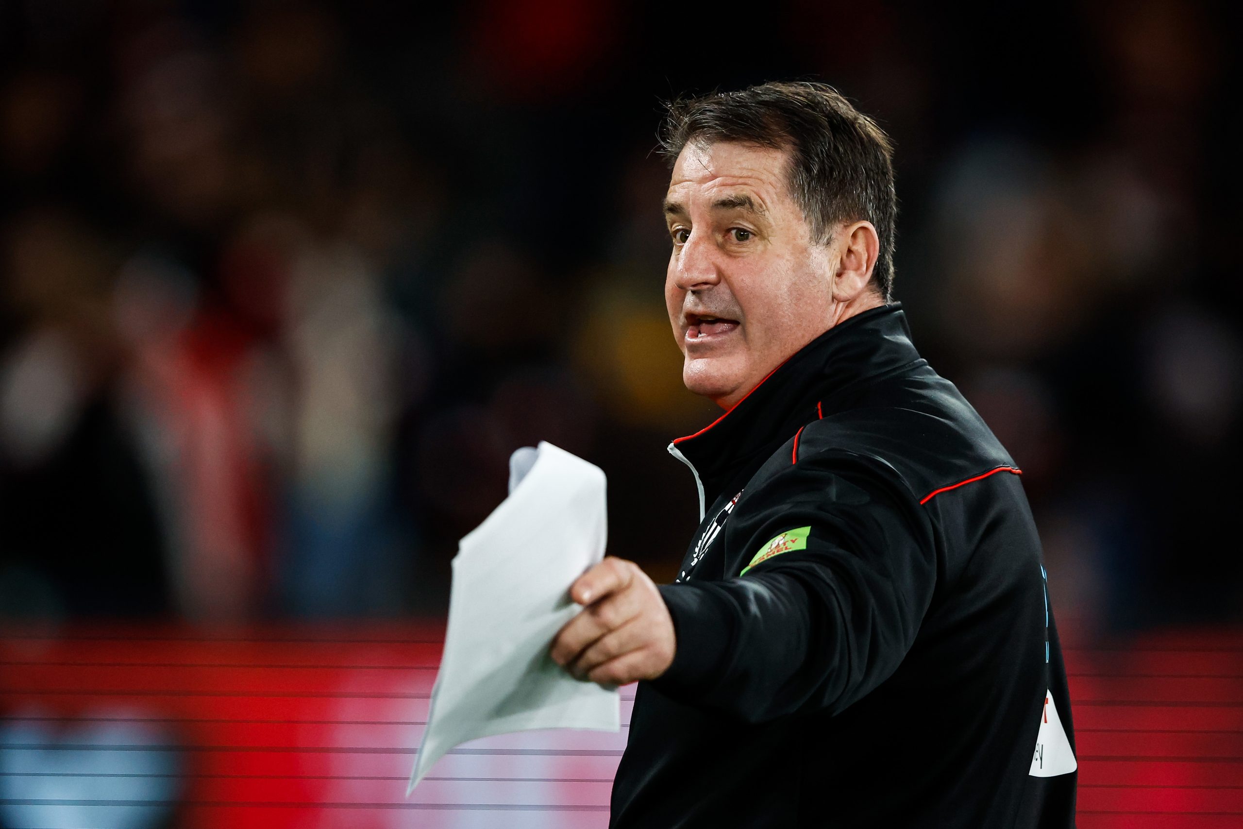 MELBOURNE, AUSTRALIA - MAY 27: Ross Lyon, Senior Coach of the Saints looks on during the 2023 AFL Round 11 match between the St Kilda Saints and the Hawthorn Hawks at Marvel Stadium on May 27, 2023 in Melbourne, Australia. (Photo by Dylan Burns/AFL Photos)