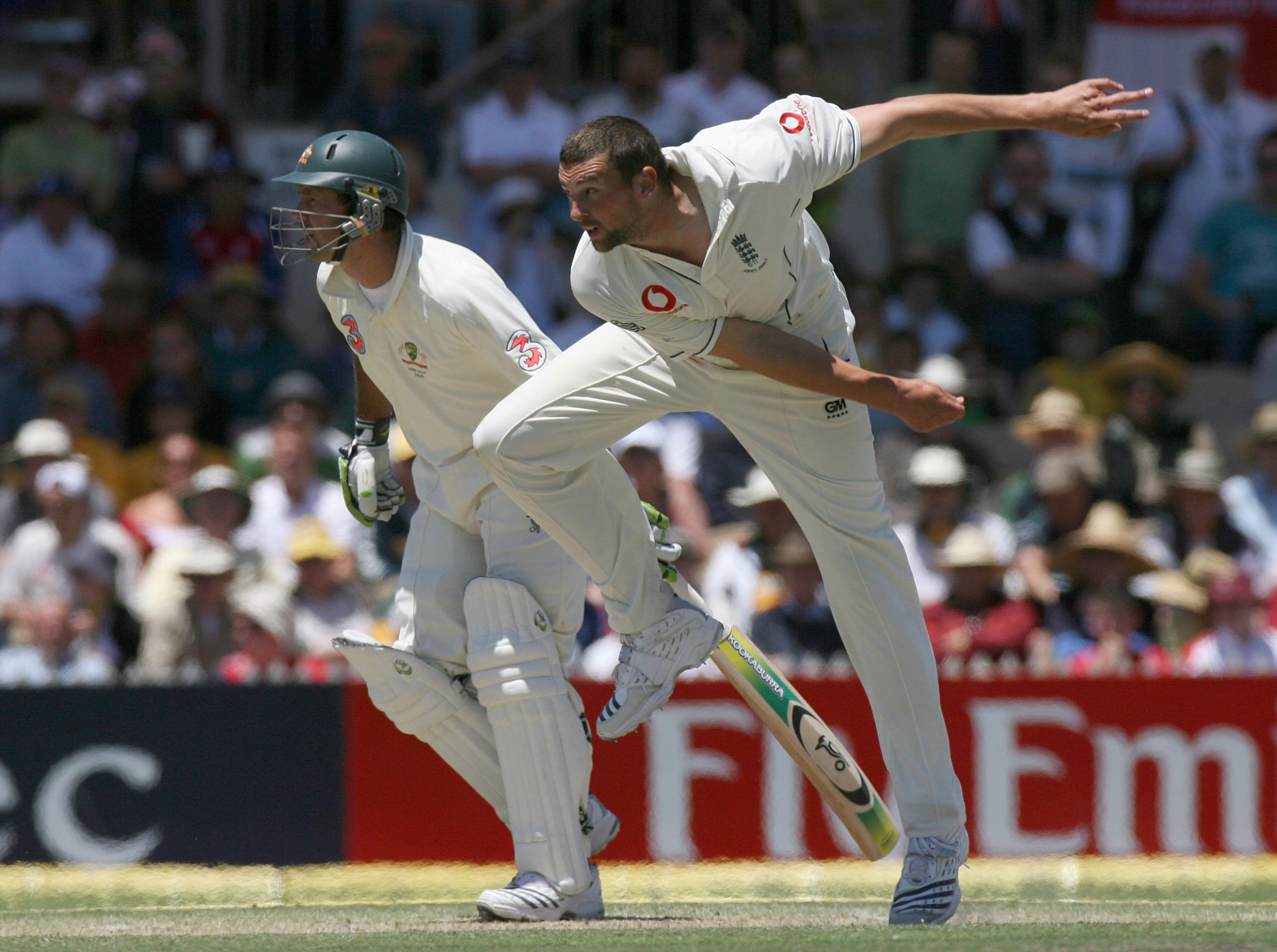 Stephen Harmison bowls to Australia's Michael Hussey at Perth in 2006.