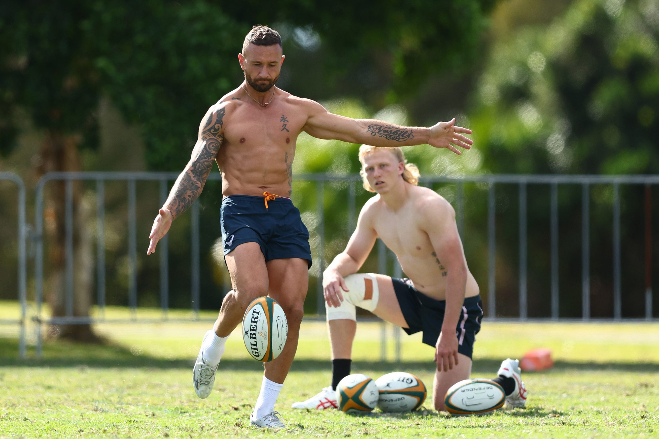 Quade Cooper and Carter Gordon during Wallabies training.