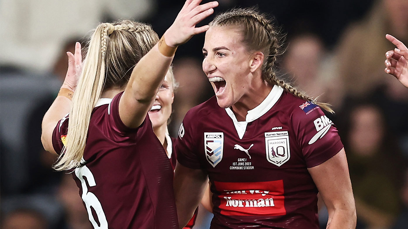 SYDNEY, AUSTRALIA - JUNE 01: Ali Brigginshaw of the Maroons celebrates victory with team mates after game one of the Women's State of Origin series between New South Wales and Queensland at CommBank Stadium on June 01, 2023 in Sydney, Australia. (Photo by Matt King/Getty Images)