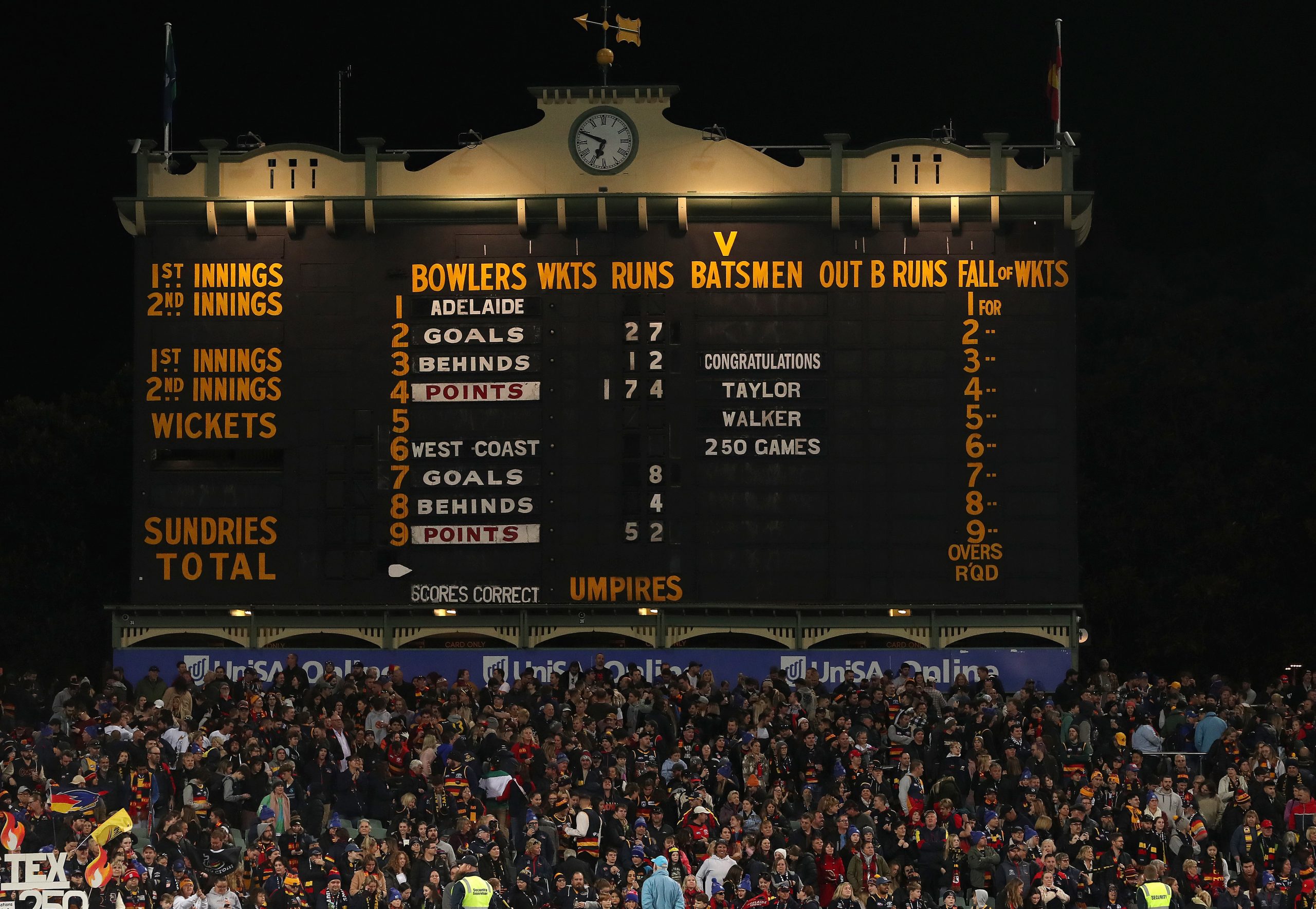 ADELAIDE, AUSTRALIA - JUNE 10: Adelaide Oval Scoreboard at the end of the game during the 2023 AFL Round 13 match between the Adelaide Crows and the West Coast Eagles at Adelaide Oval on June 10, 2023 in Adelaide, Australia. (Photo by Sarah Reed/AFL Photos via Getty Images)