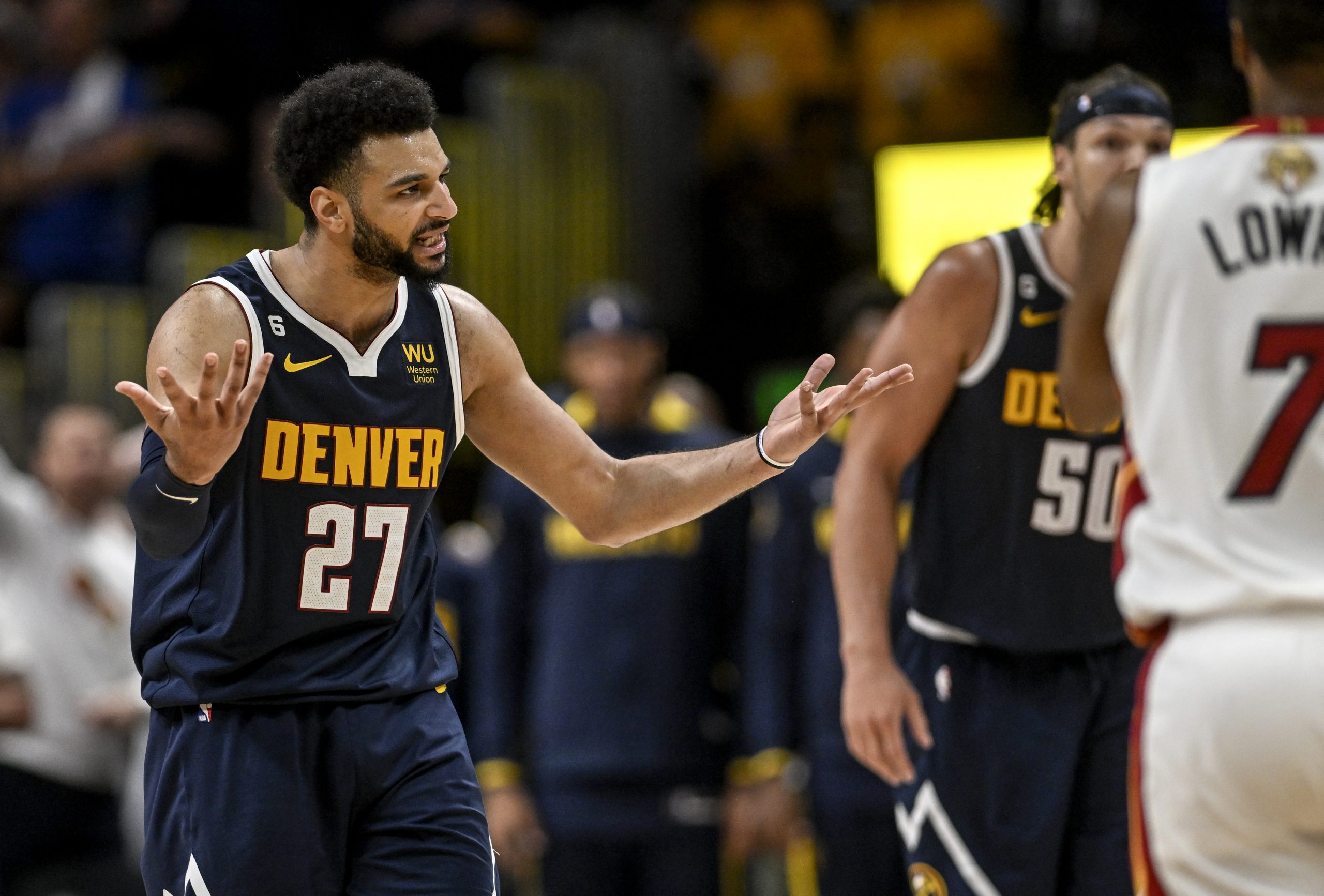 DENVER, CO - JUNE 4: Jamal Murray (27) of the Denver Nuggets reacts to not getting a foul call as the Miami Heat cruise in the fourth quarter of Miami's 111-108 win during Game 2 of the NBA Finals at Ball Arena in Denver on Sunday, June 4, 2023. (Photo by Aaron Ontiveroz/The Denver Post)
