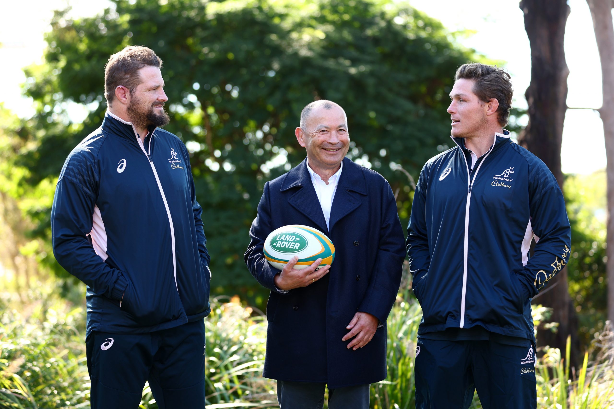 Wallabies coach Eddie Jones with co-captains James Slipper and Michael Hooper.