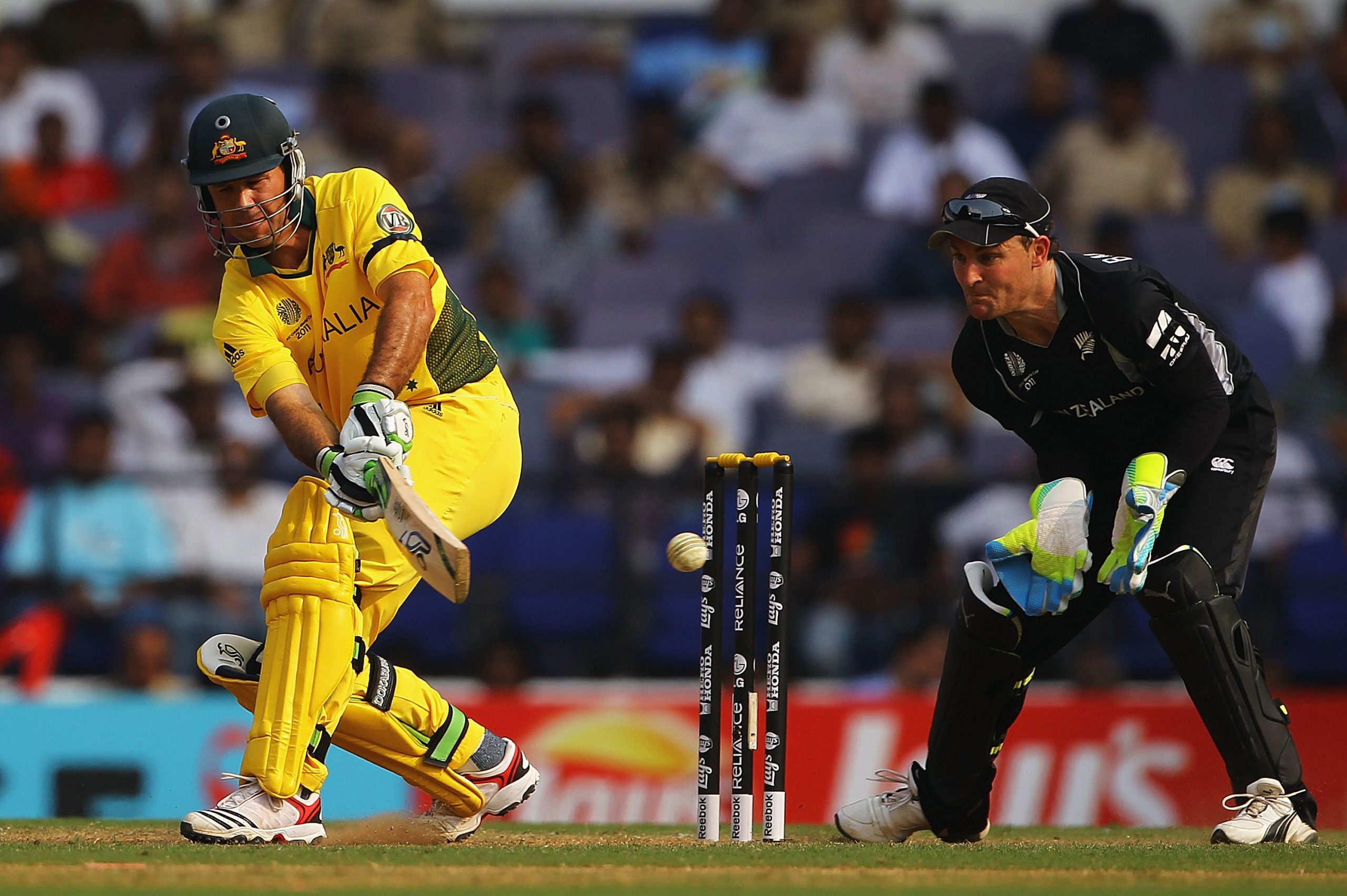 Ricky Ponting bats while Brendon McCullum keeps during a 2011 ICC World Cup match between Australia and New Zealand in India.