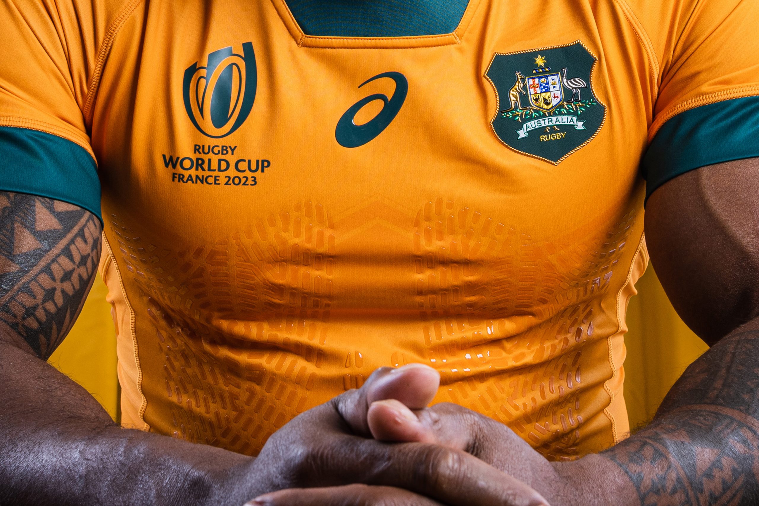 A close-up of the subtle details of the new Wallabies jersey.