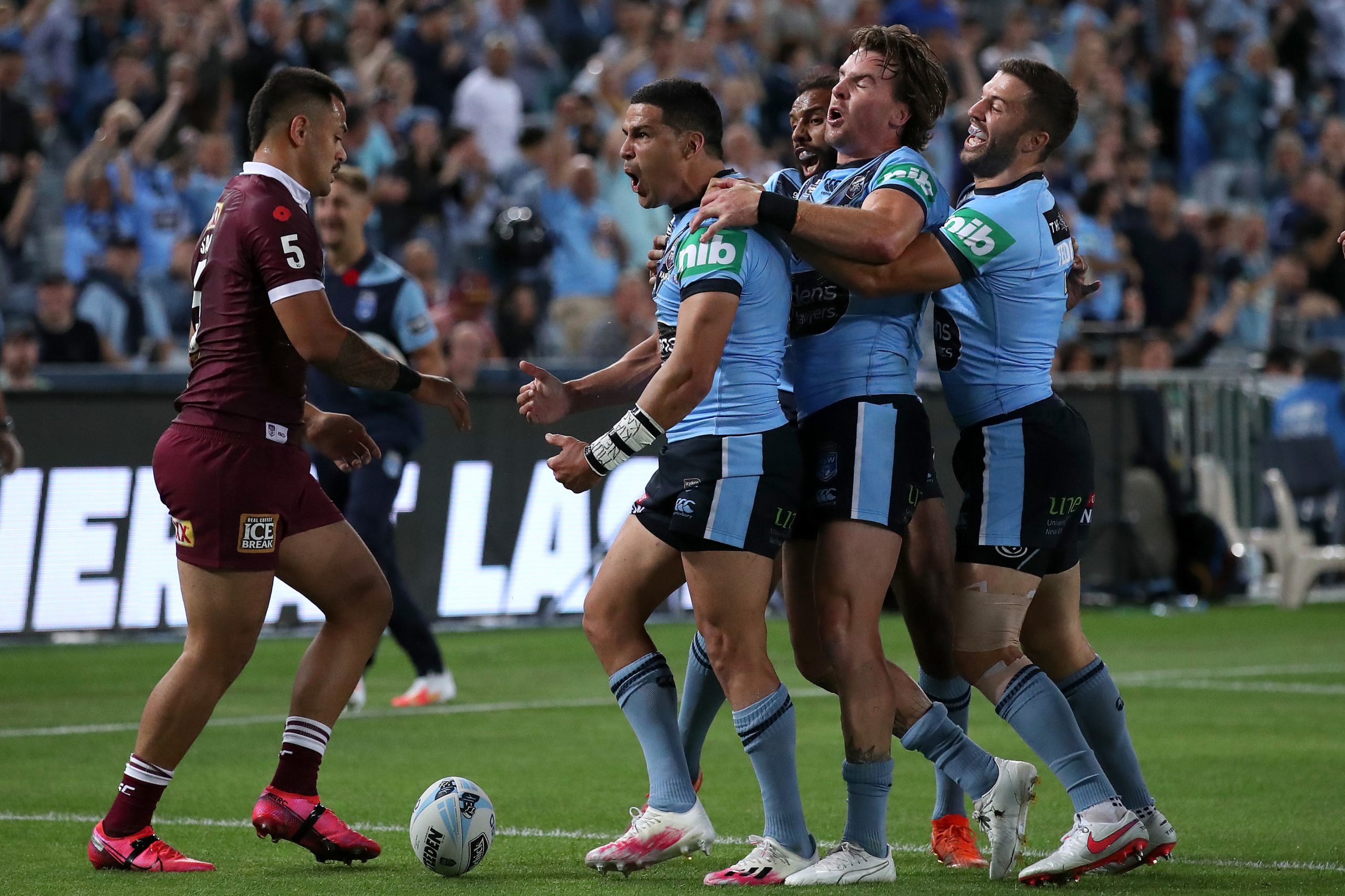 Cody Walker of the Blues celebrates after scoring a try during game two of the 2020 State of Origin series.