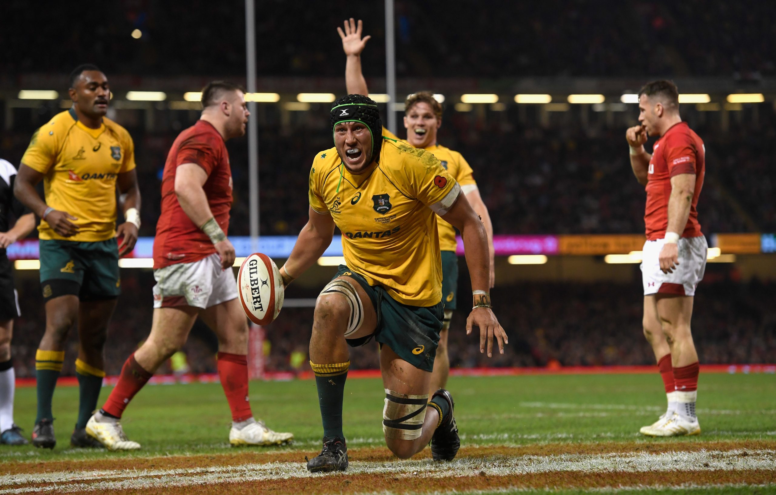 Wallabies lock Adam Coleman celebrates in Cardiff in 2017.
