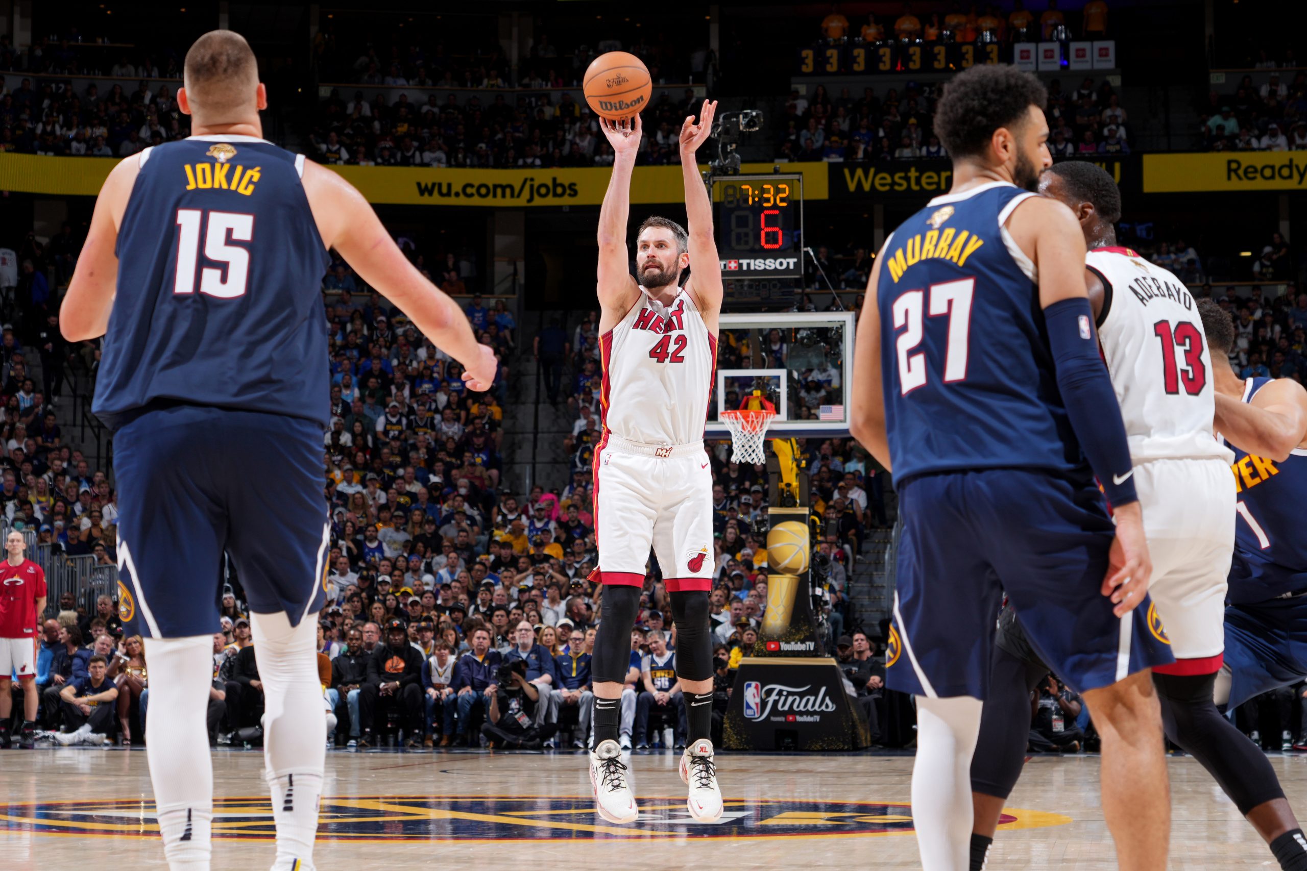 DENVER, CO - JUNE 4: Kevin Love #42 of the Miami Heat shoots the ball during Game Two of the 2023 NBA Finals on June 4, 2023 at the Ball Arena in Denver, Colorado. (Photo by Jesse D. Garrabrant/NBAE via Getty Images)