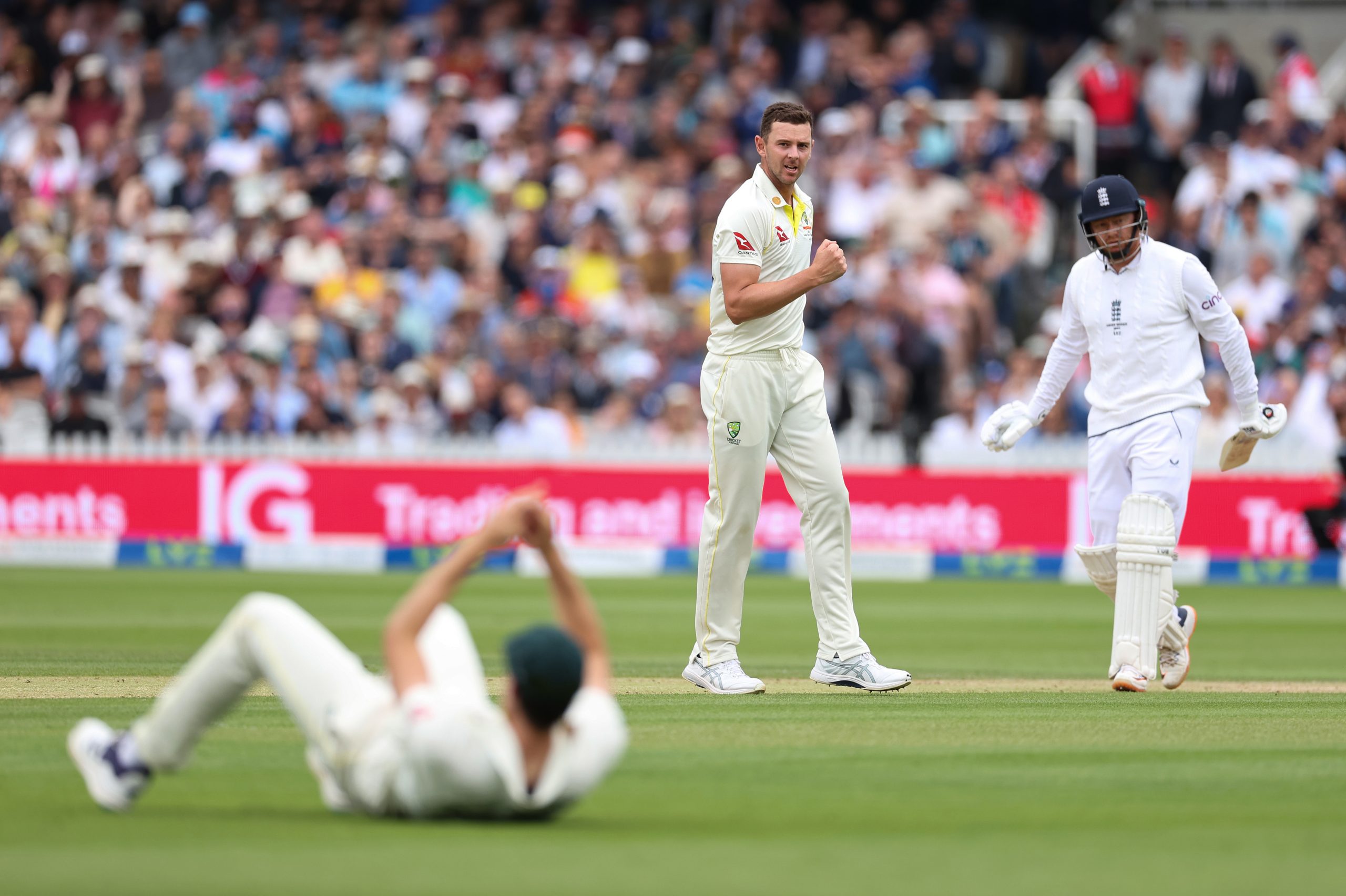 Josh Hazlewood celebrates after Pat Cummins took a catch to claim the wicket of Jonny Bairstow.