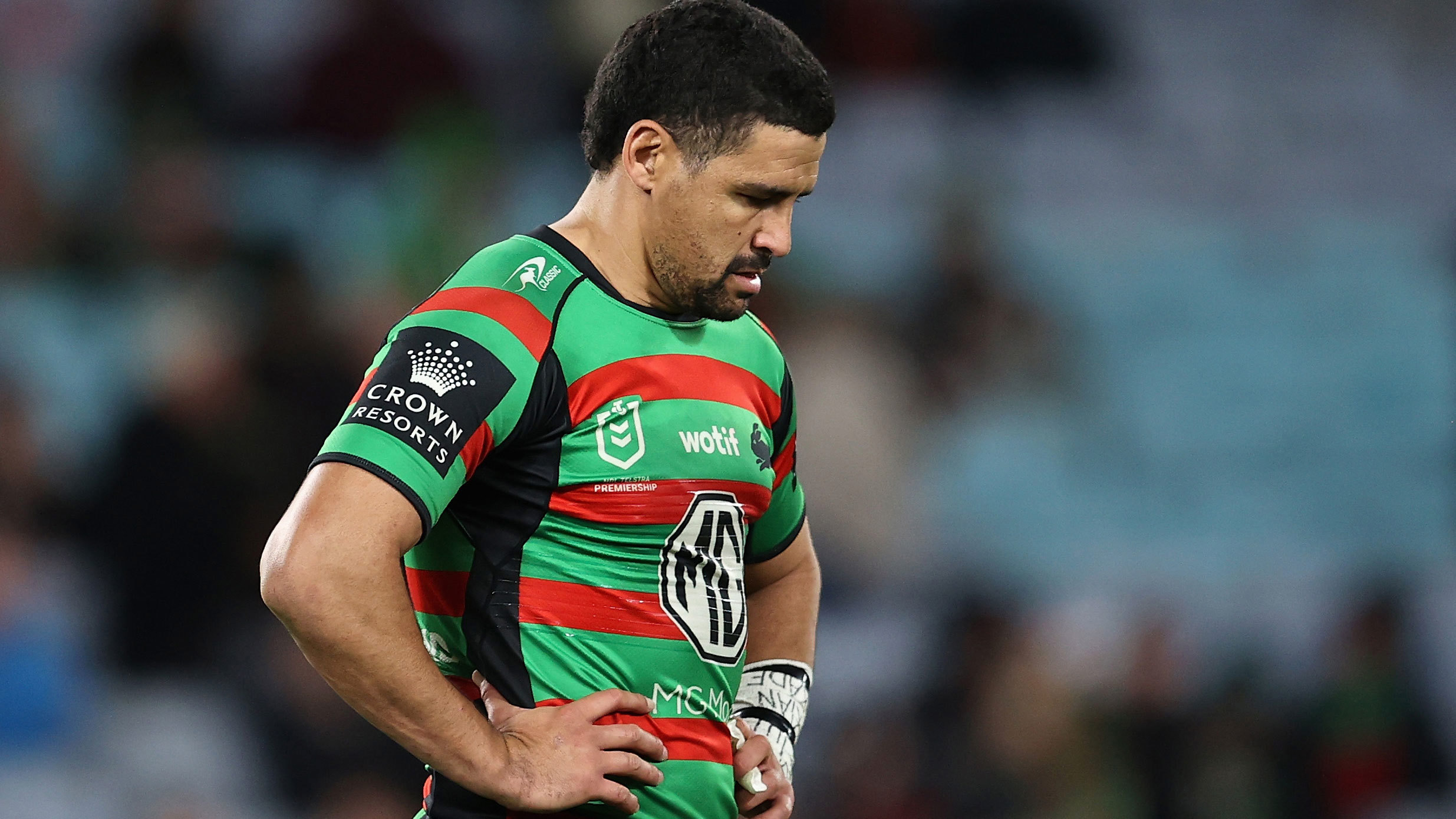 Cody Walker of the Rabbitohs looks dejected after losing the club's round 13 loss to the Raiders.