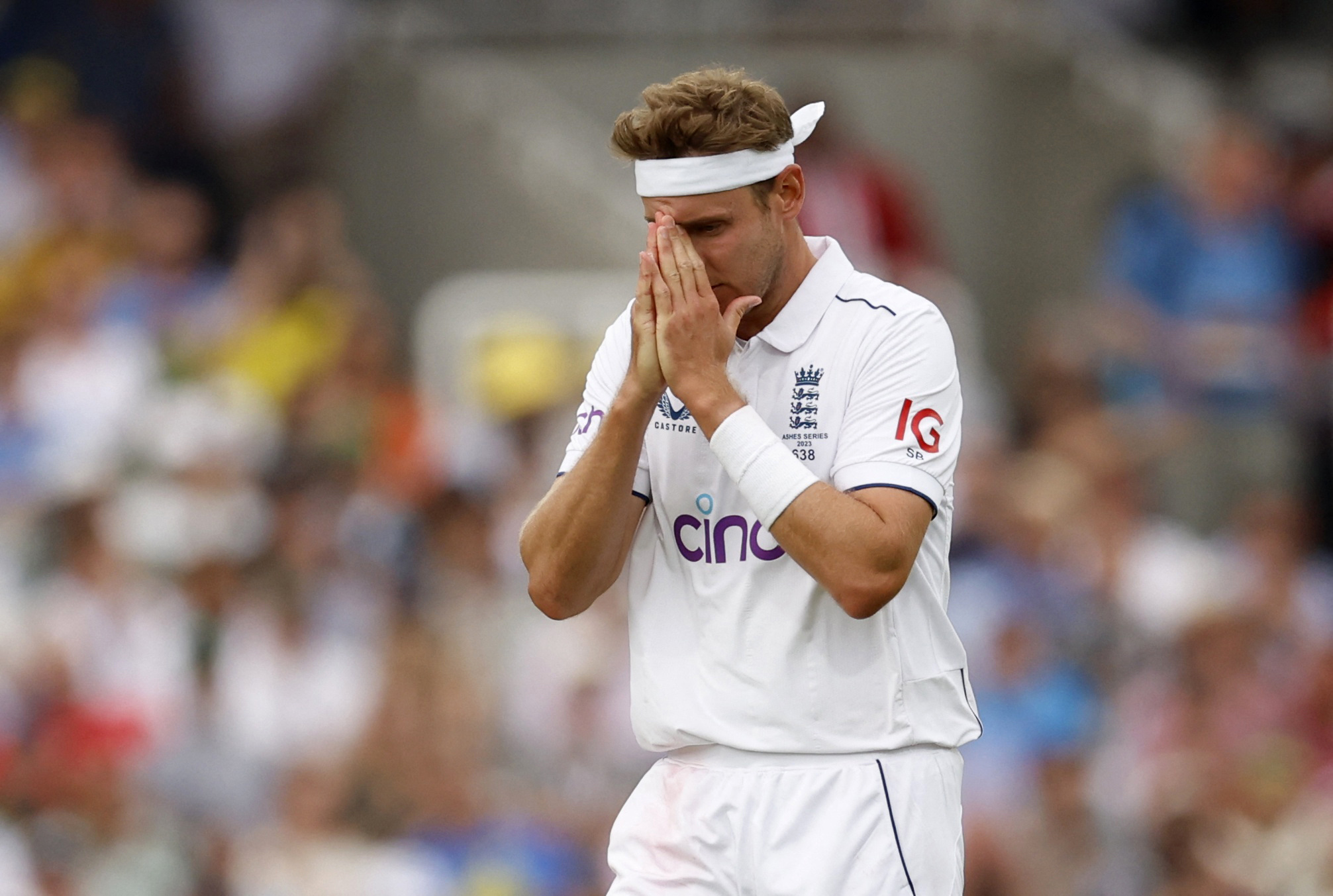 Stuart Broad reacts after being hit four a boundary on day one of the second Test between Australia and England.