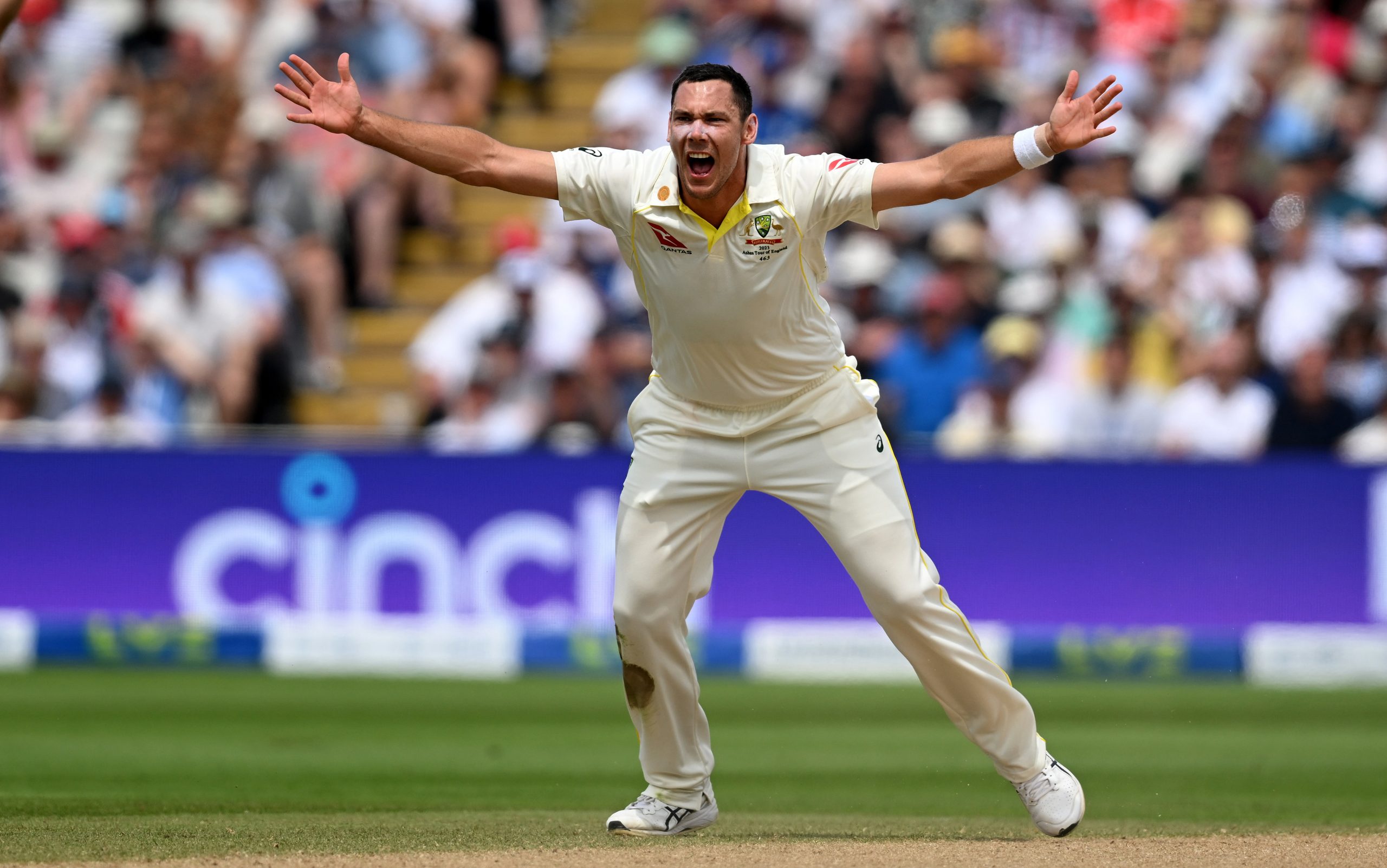 Scott Boland of Australia unsuccessfully appeals for the LBW of Jonny Bairstow of England during Day Four of the LV= Insurance Ashes 1st Test match between England and Australia at Edgbaston on June 19, 2023 in Birmingham, England. (Photo by Shaun Botterill/Getty Images)
