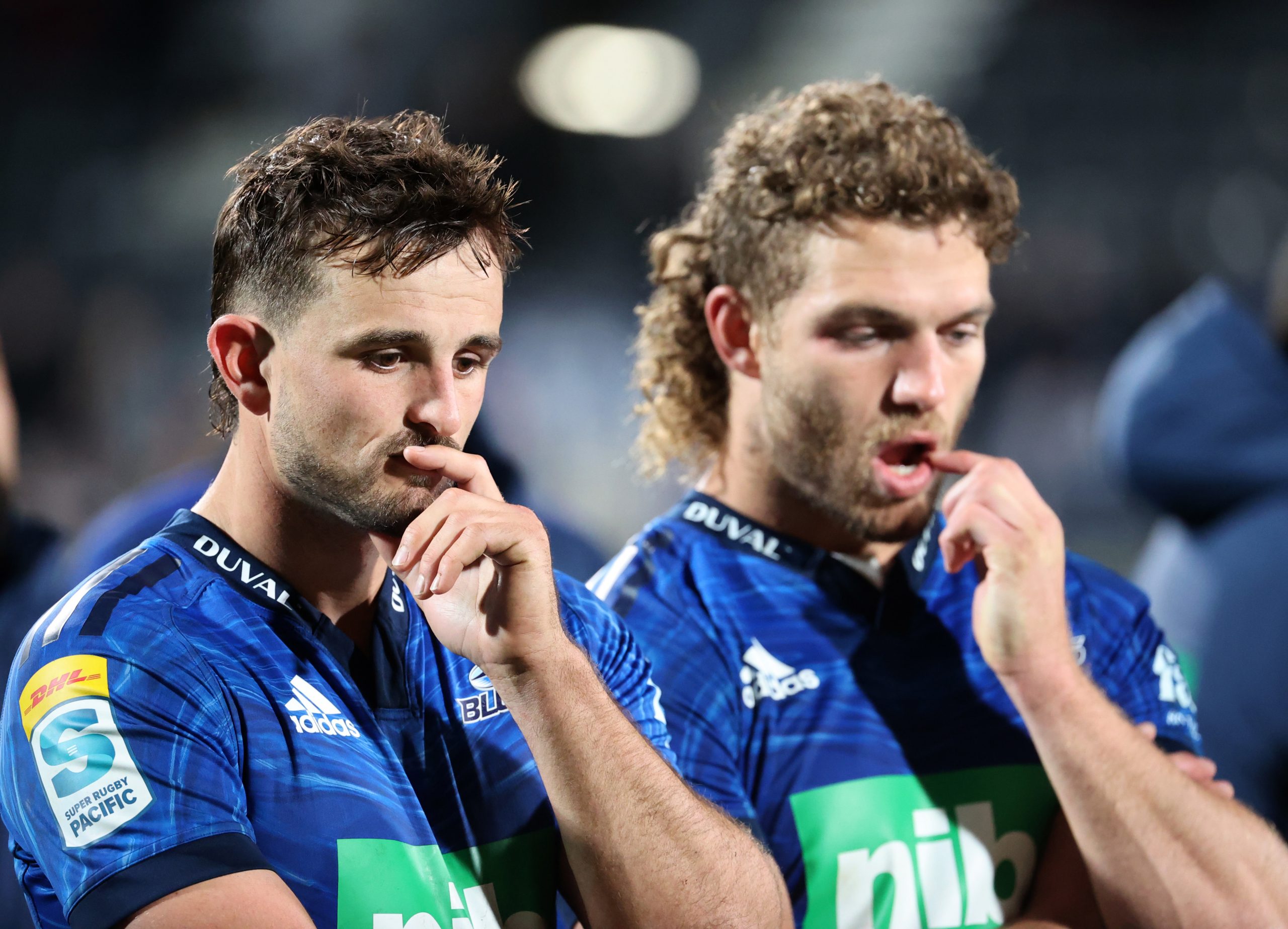 Harry Plummer (left) and Adrian Choat of the Blues react to the 50-plus point loss to the Crusaders.