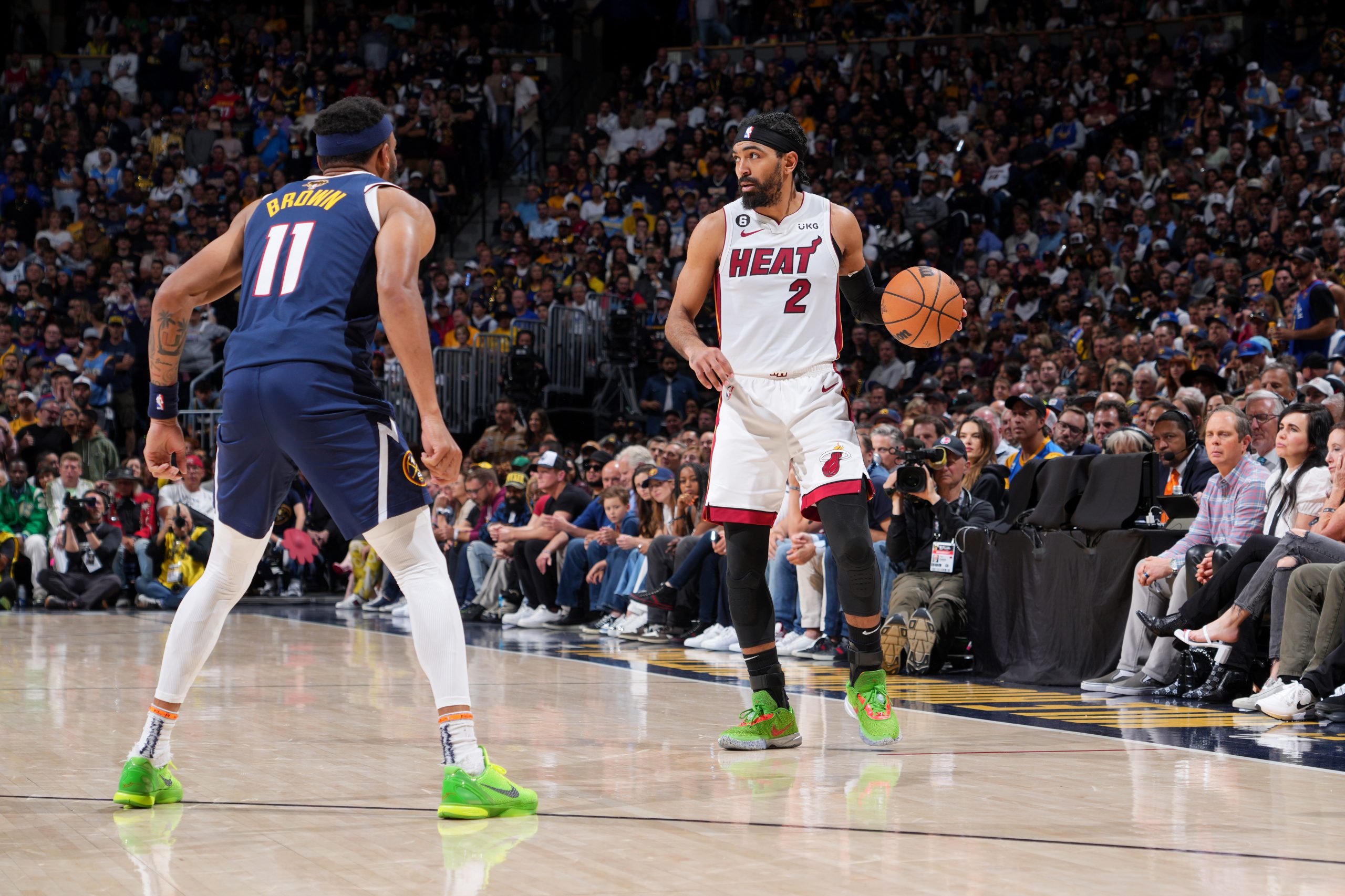 DENVER, CO - JUNE 4: Gabe Vincent #2 of the Miami Heat dribbles the ball during Game Two of the 2023 NBA Finals on June 4, 2023 at the Ball Arena in Denver, Colorado. (Photo by Jesse D. Garrabrant/NBAE via Getty Images)