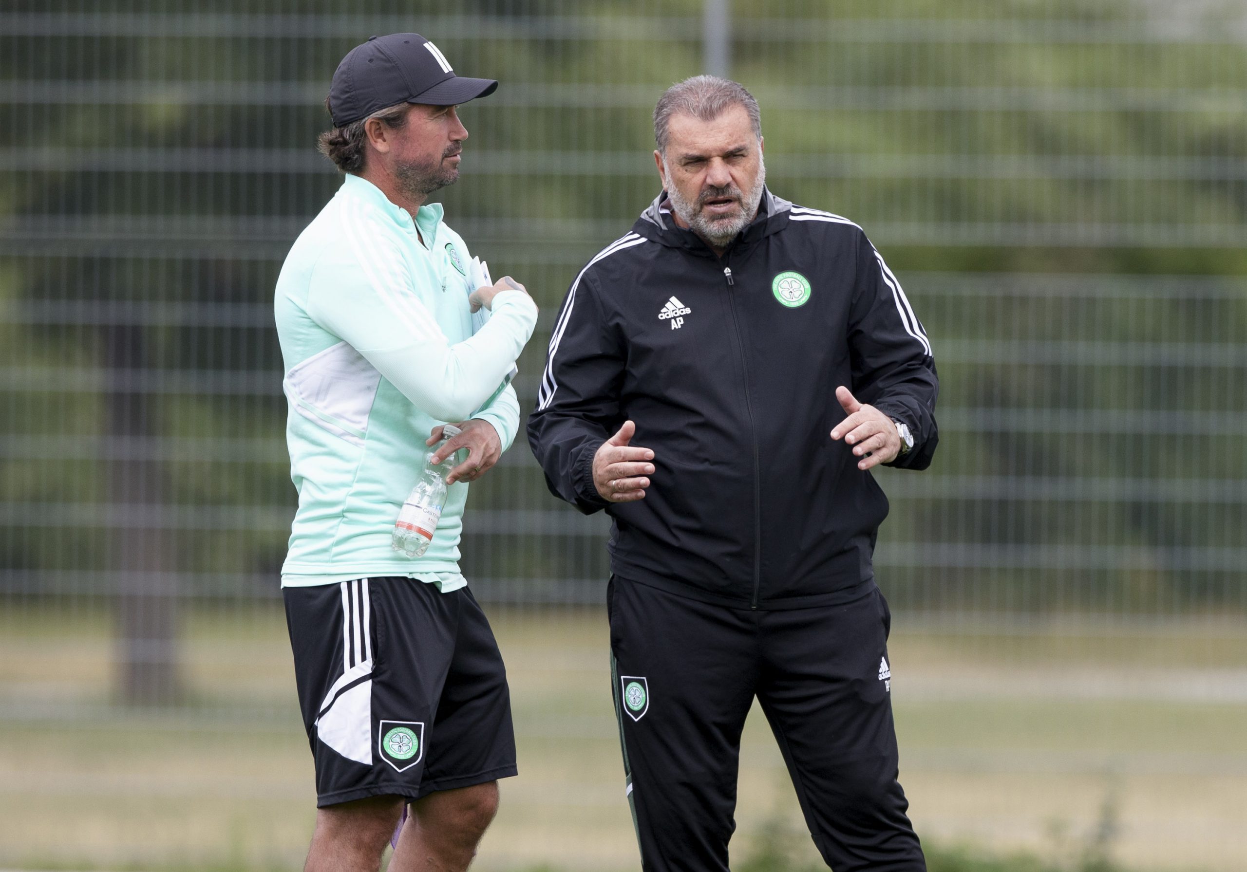 Celtic manager Ange Postecoglou with Harry Kewell during a Celtic training session.