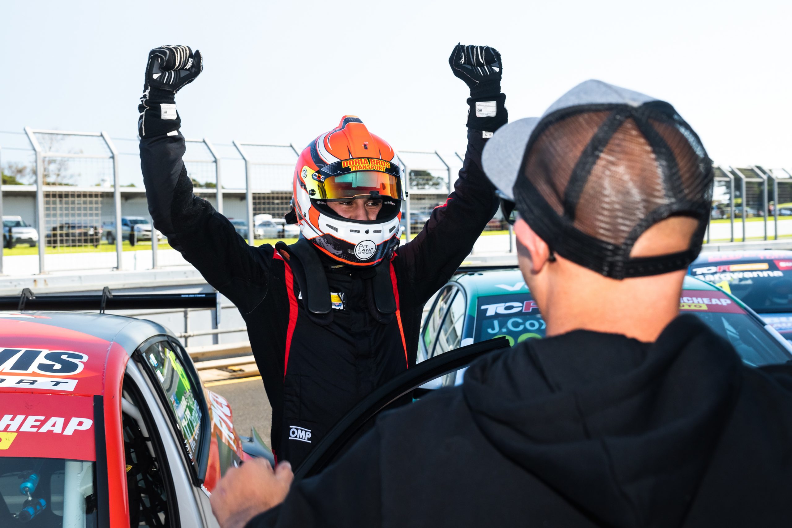 Michael Clemente celebrates after winning his first TCR Australia Series race.