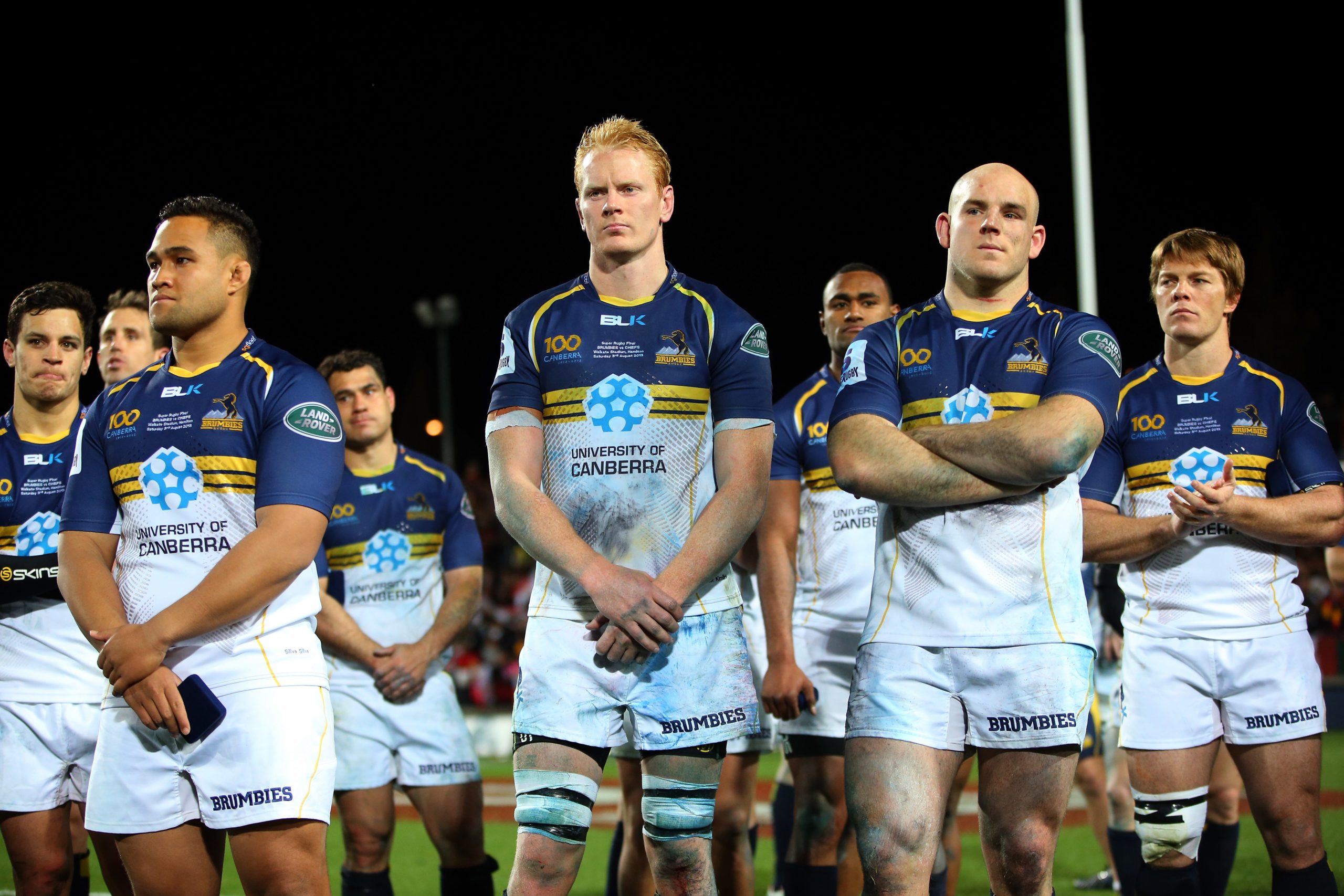 The Brumbies after the 2013 Super Rugby final in Hamilton.