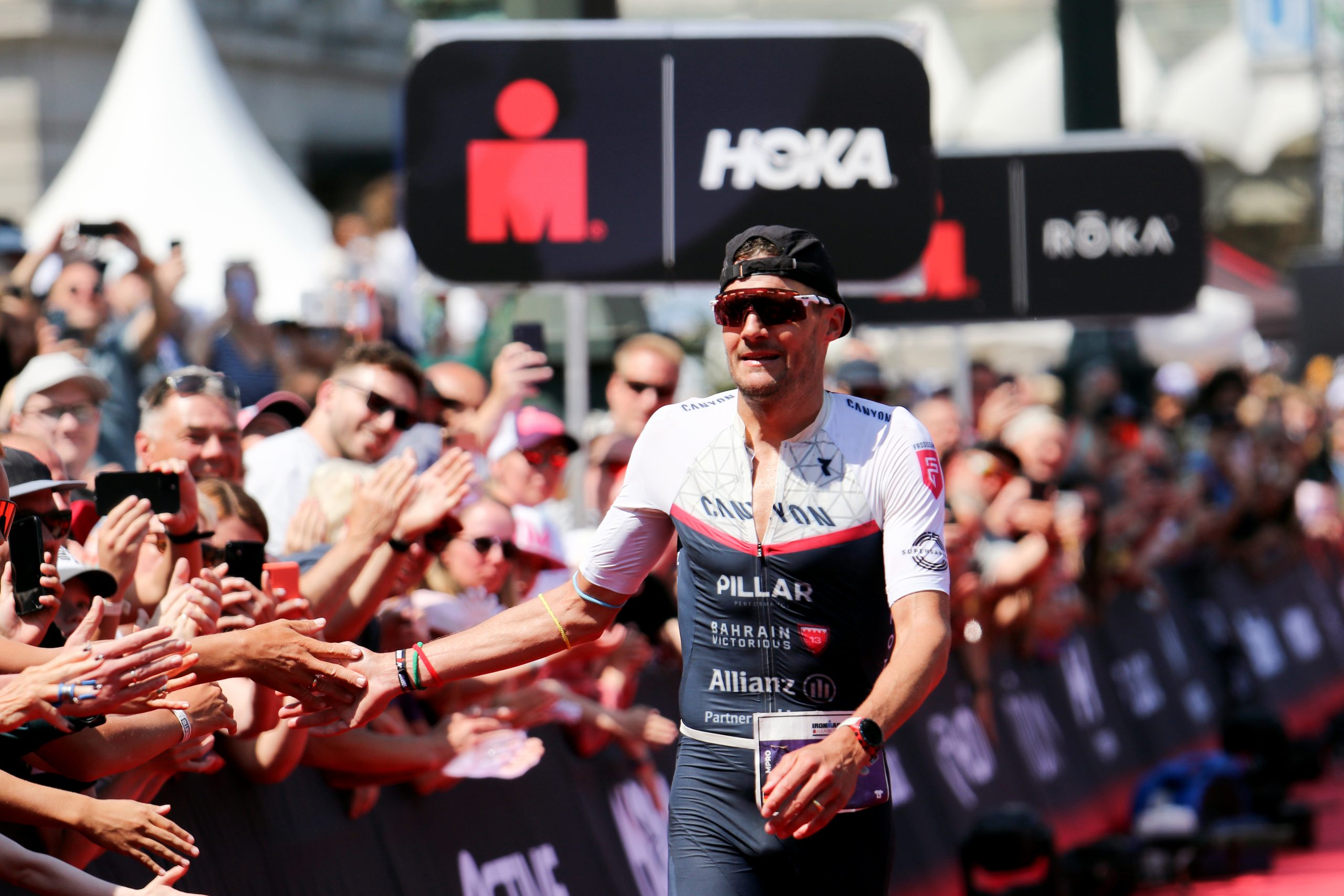 04 June 2023, Hamburg: Triathlon: European Championship, Ironman, men. Men's Ironman European Championship in Hamburg. Jan Frodeno from Germany crosses the finish line. He takes 4th place. Photo: Markus Tischler/dpa (Photo by Markus Tischler/picture alliance via Getty Images)