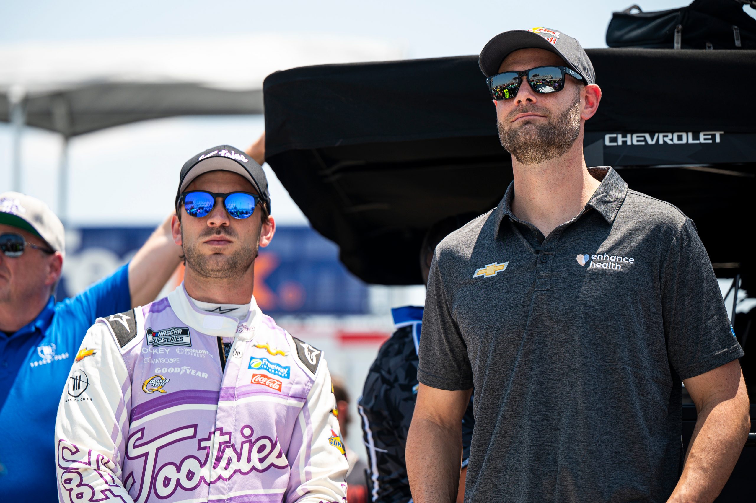 Shane van Gisbergen (right) with Trackhouse Racing teammate Daniel Suarez at Nashville Superspeedway.