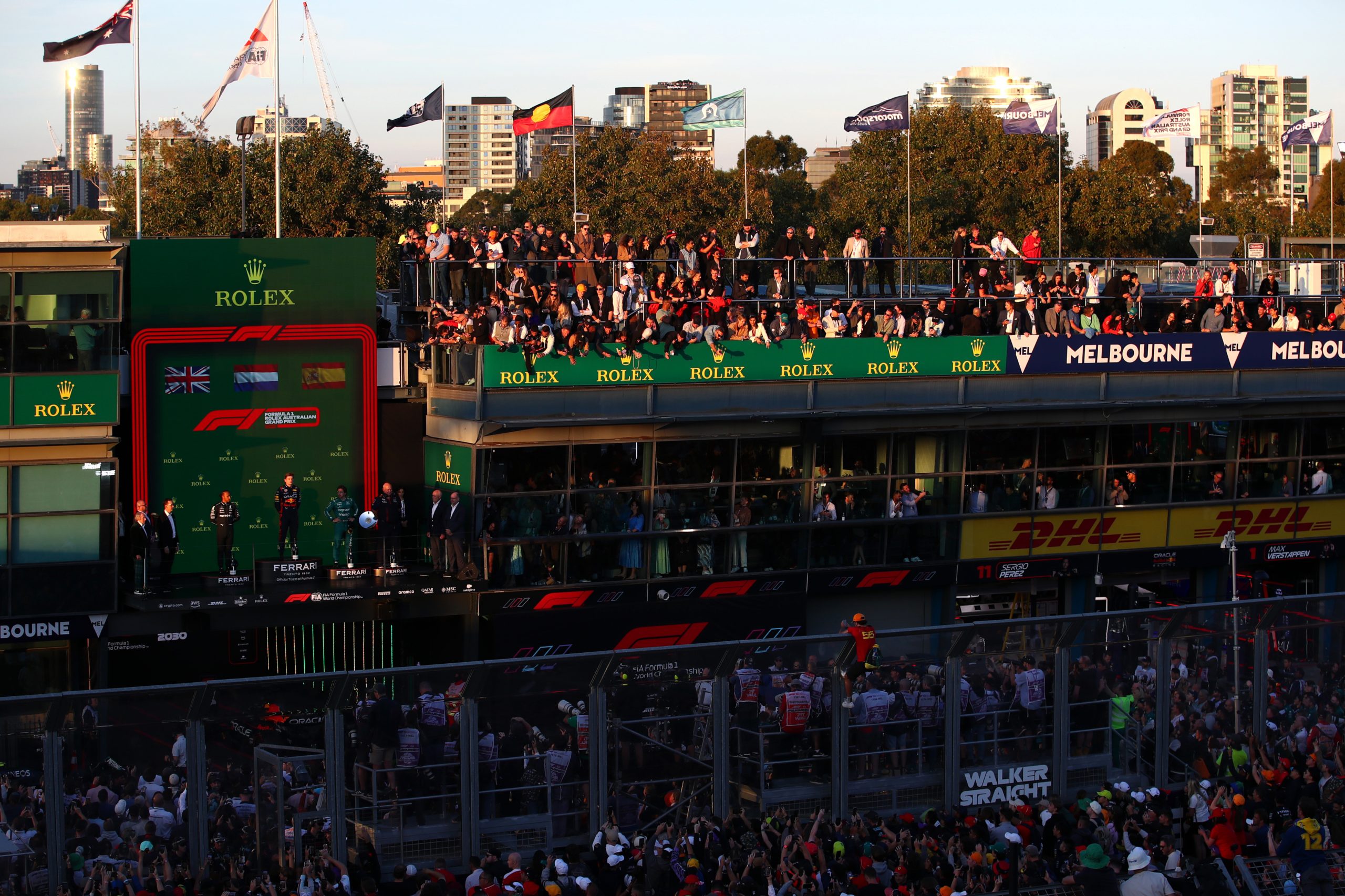 A general view of the podium showing Race winner Max Verstappen of the Netherlands and Oracle Red Bull Racing, Second placed Lewis Hamilton of Great Britain and Mercedes and Third placed Fernando Alonso of Spain and Aston Martin F1 Team during the F1 Grand Prix of Australia at Albert Park Grand Prix Circuit on April 02, 2023 in Melbourne, Australia. (Photo by Joe Portlock - Formula 1/Formula 1 via Getty Images)