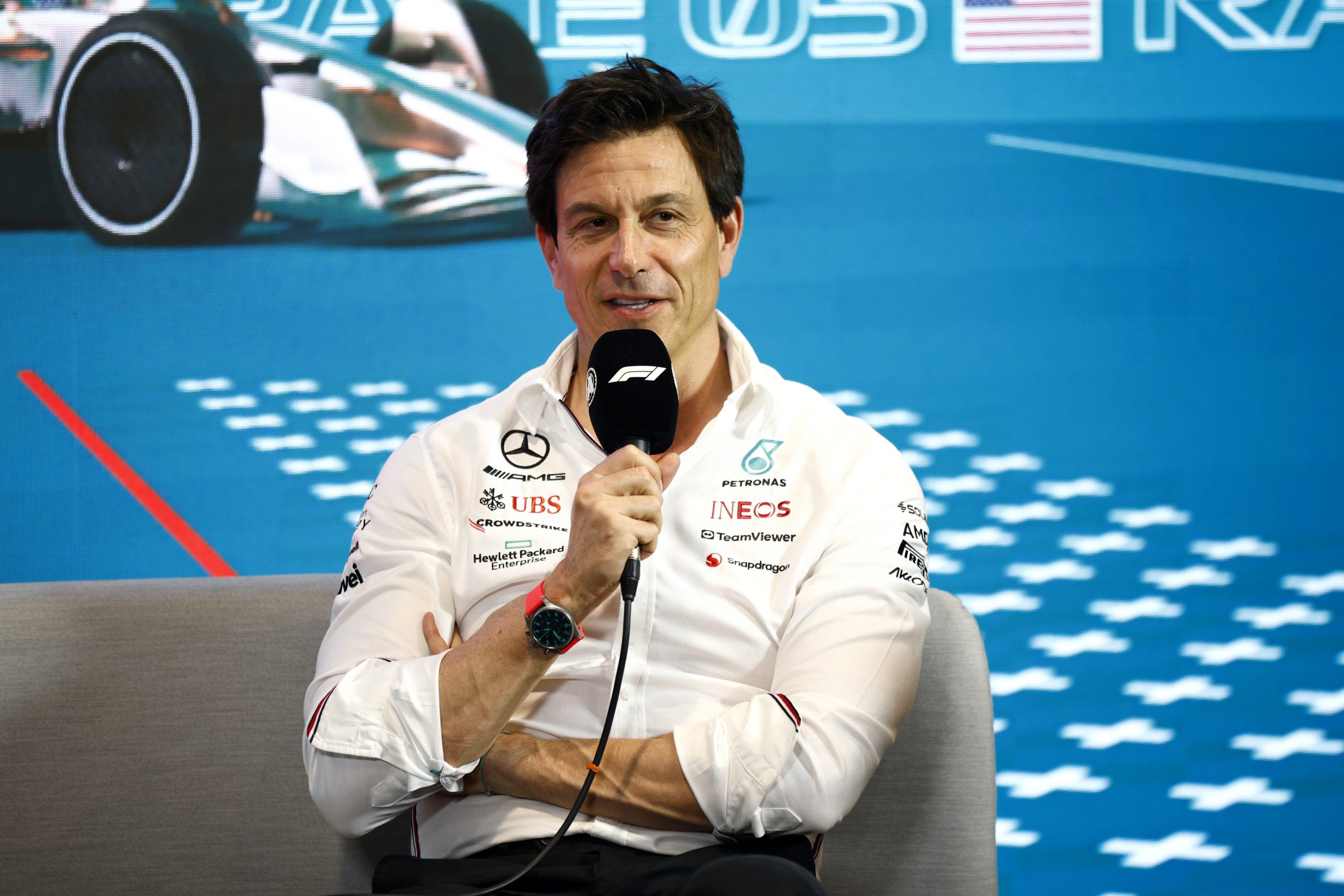 Toto Wolff speaks during a press conference.