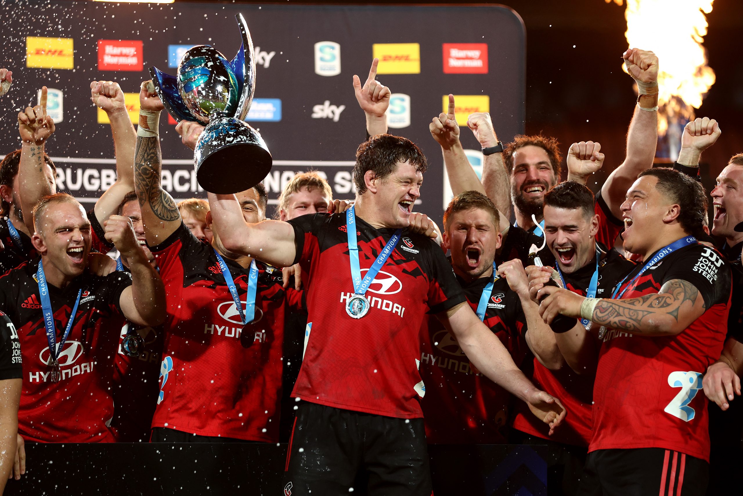 The Crusaders celebrate at FMG Stadium Waikato.