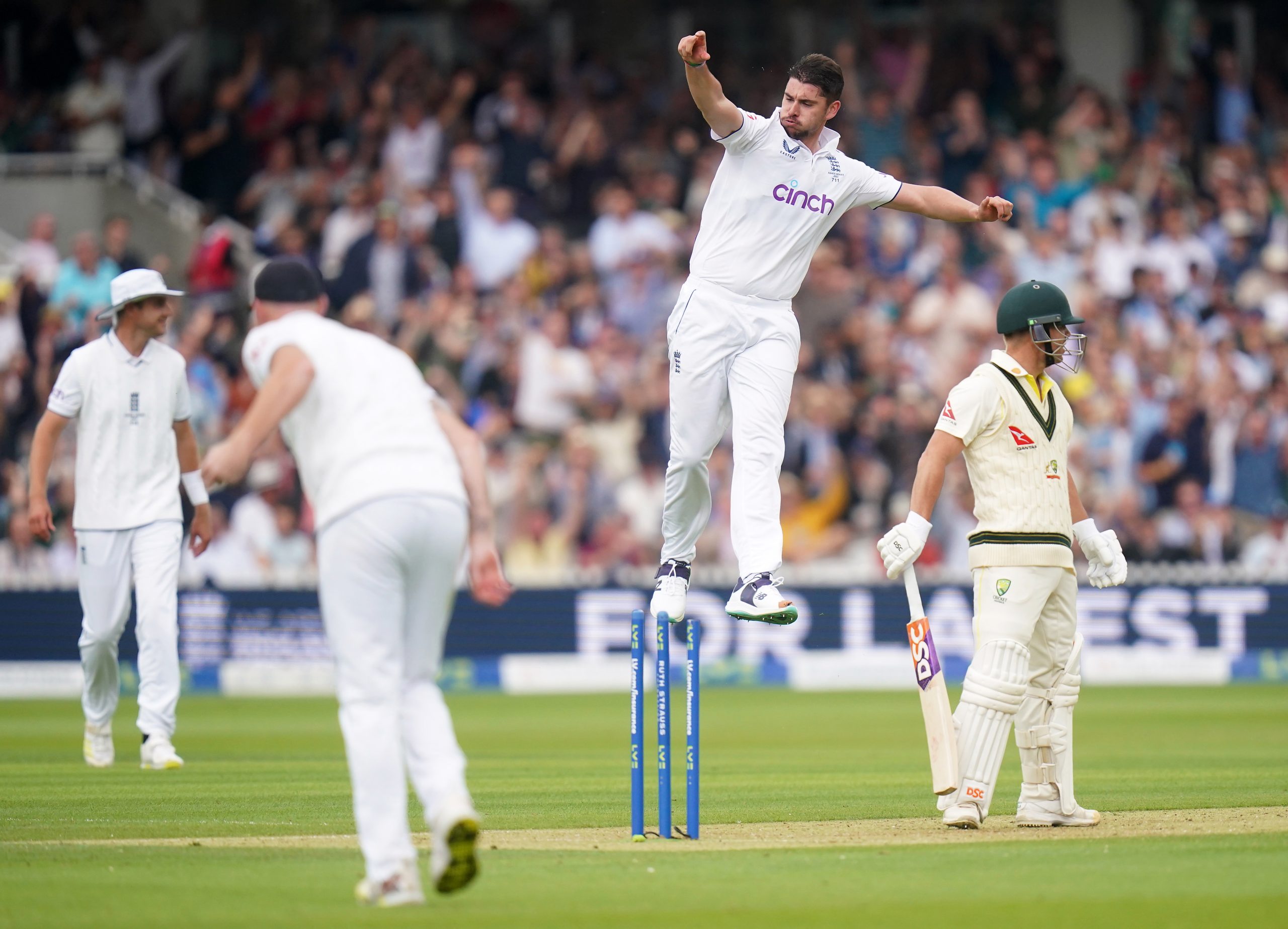 England's Josh Tongue celebrates taking the wicket of Australia's David Warner during day one of the second Ashes test match at Lord's, London. Picture date: Wednesday June 28, 2023. (Photo by Adam Davy/PA Images via Getty Images)