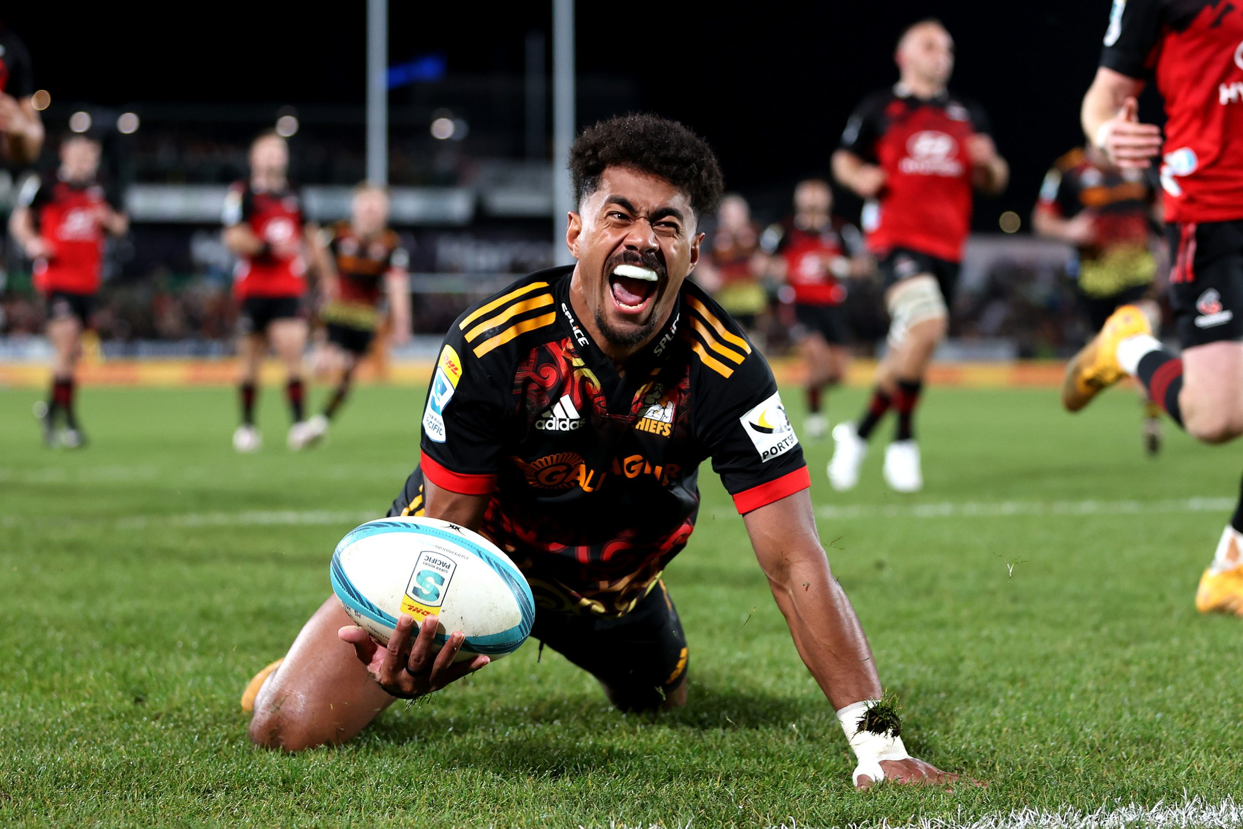 Emoni Narawa celebrates at FMG Stadium Waikato.