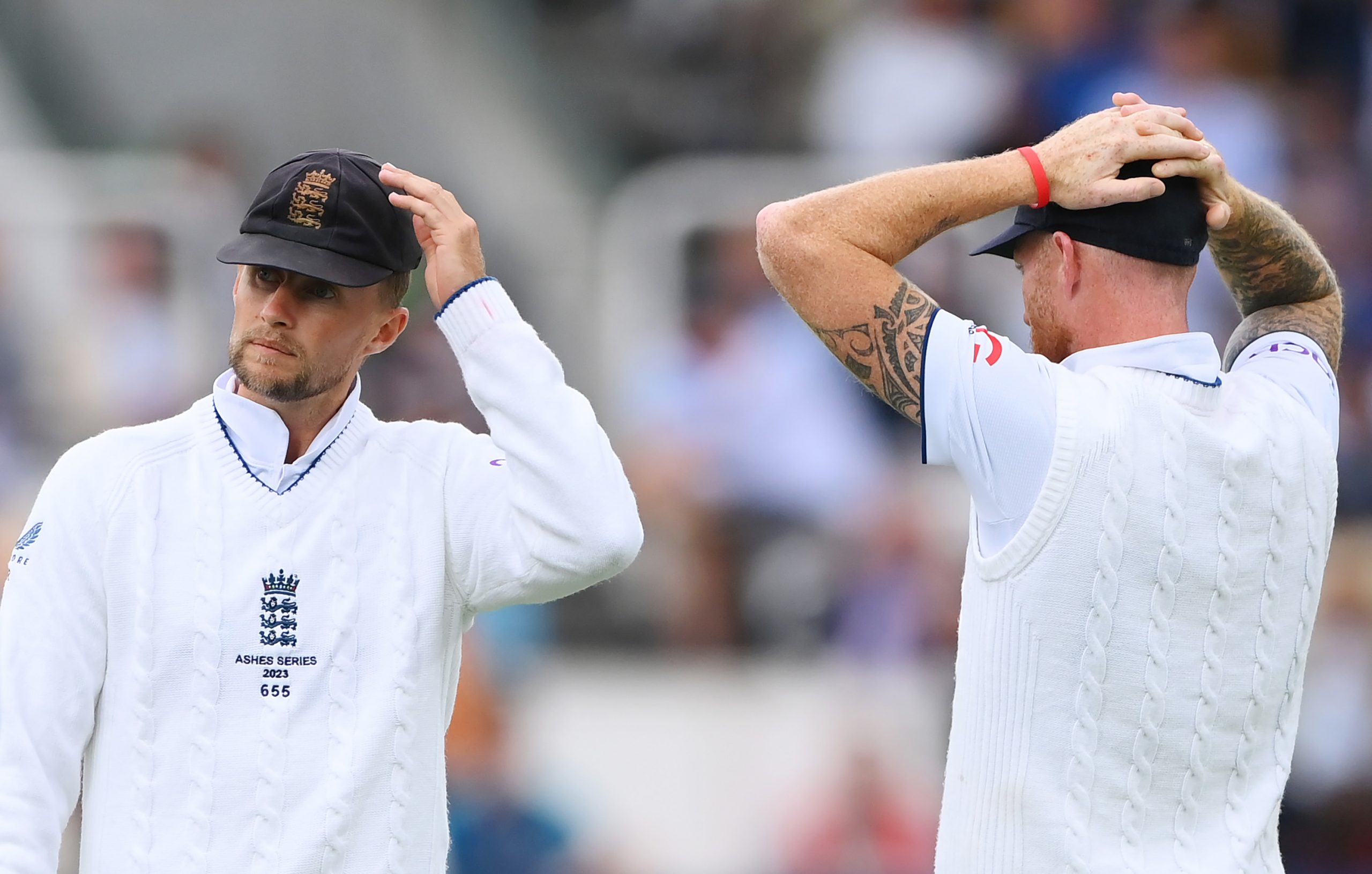 LONDON, ENGLAND - JUNE 30: Joe Root and Ben Stokes of England reacts after appealing unsuccessfully for the wicket of Marnus Labuschagne (not pictured) of Australia during Day Three of the LV= Insurance Ashes 2nd Test match between England and Australia at Lord's Cricket Ground on June 30, 2023 in London, England. (Photo by Stu Forster/Getty Images)