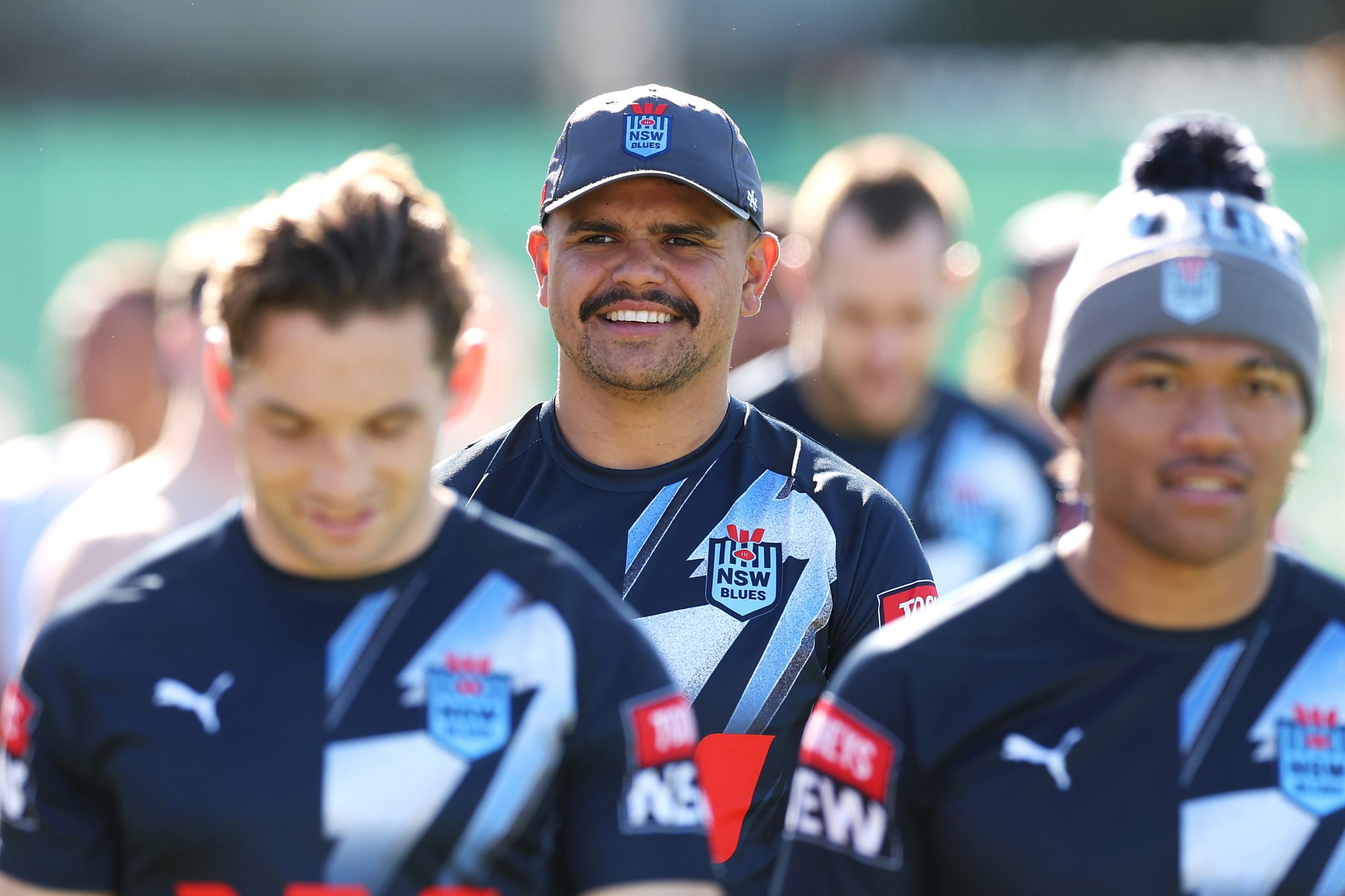 Latrell Mitchell smiles at New South Wales Blues State of Origin training.