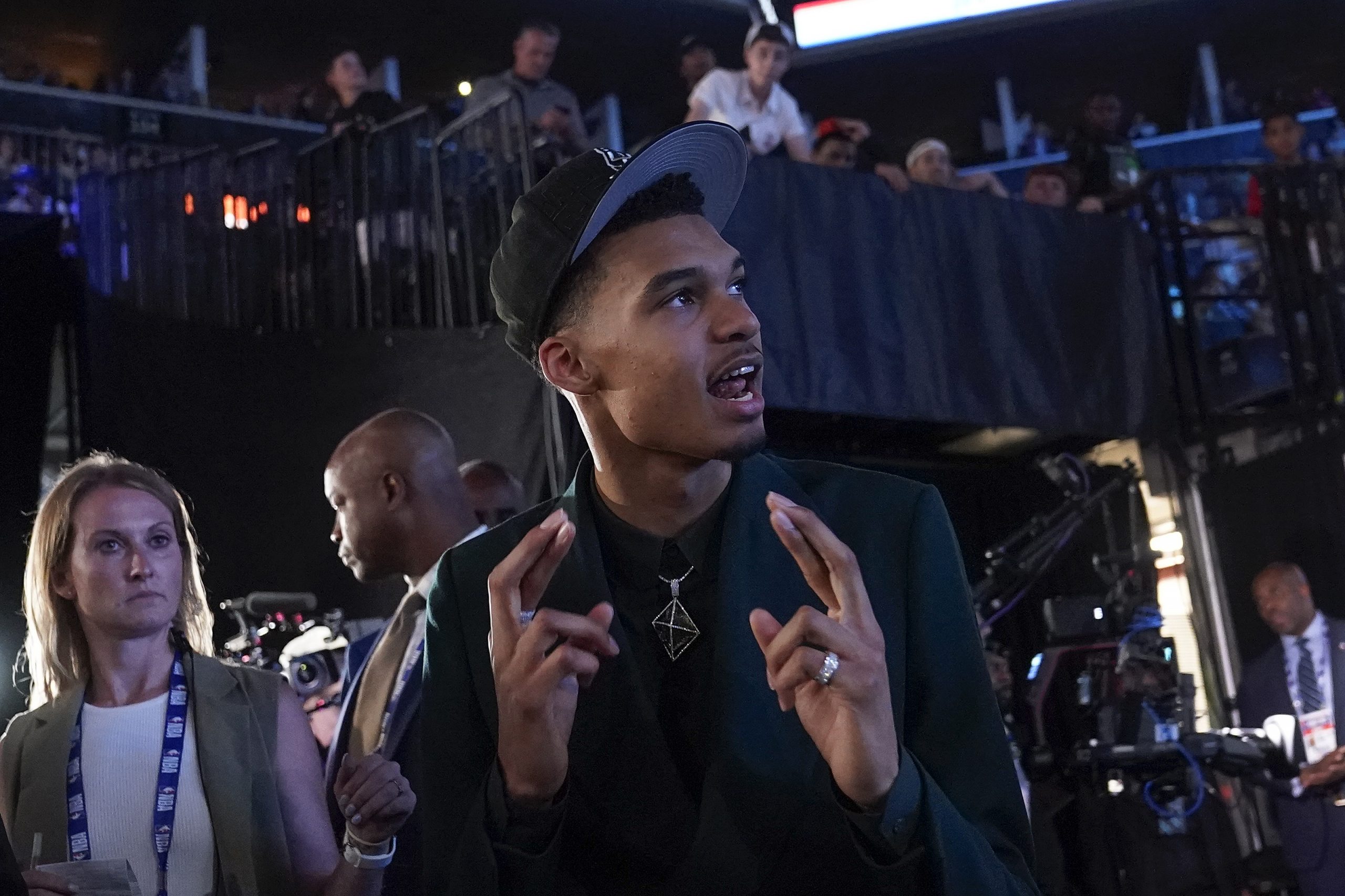 Victor Wembanyama reacts after being selected first overall by the San Antonio Spurs.