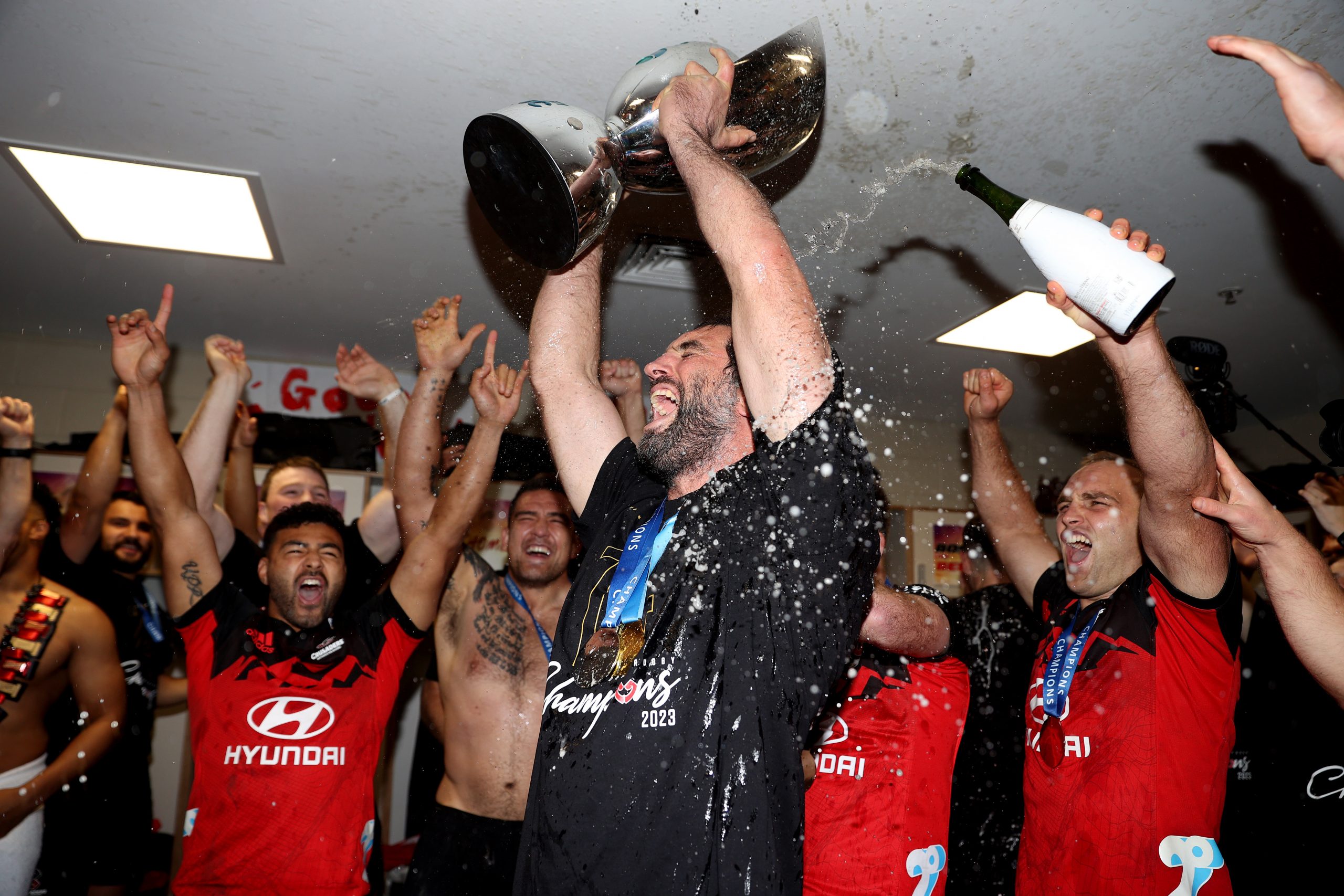 Sam Whitelock of the Crusaders celebrates after winning.