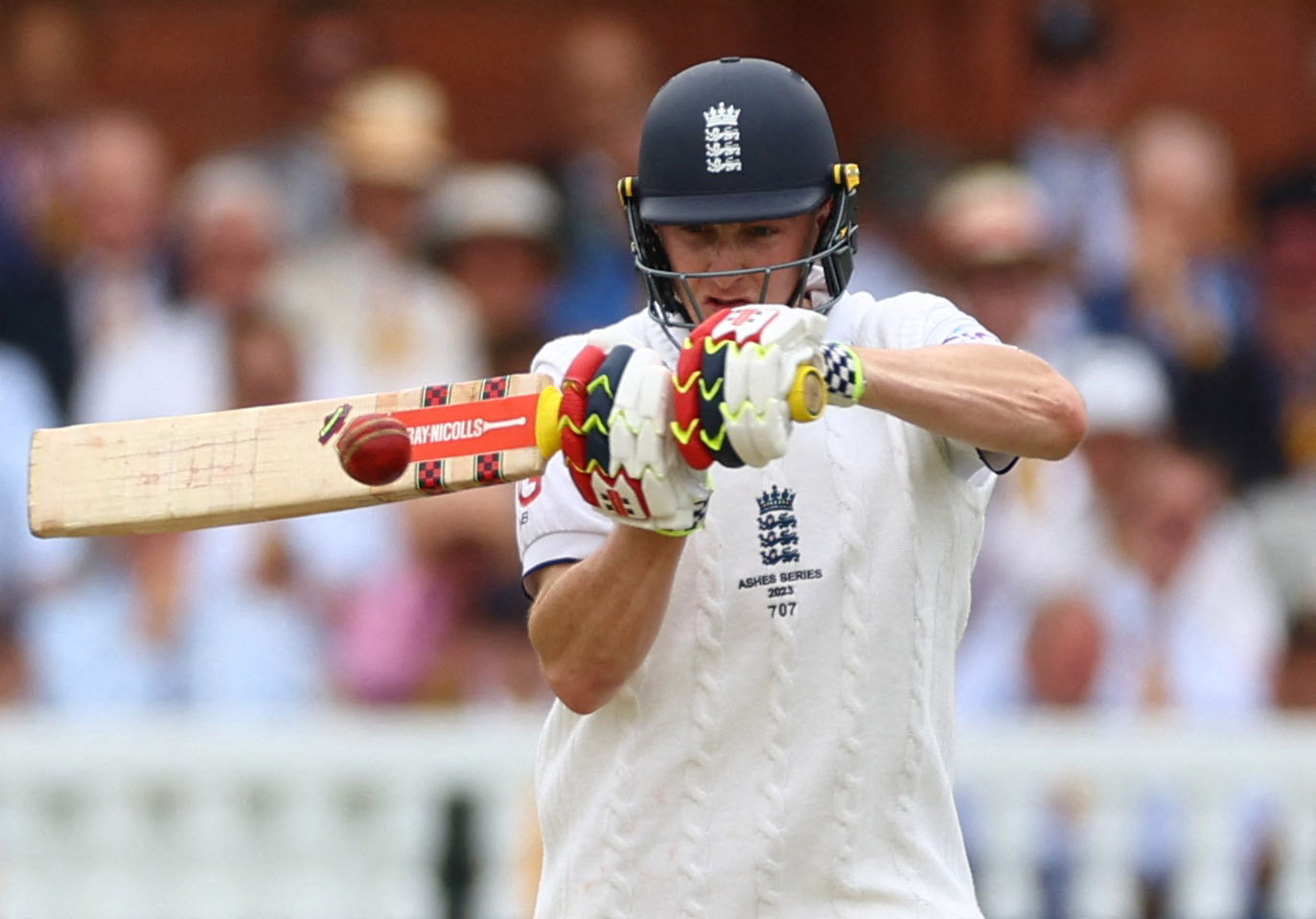 Harry Brook plays a short ball that got him out off of Mitchell Starc's bowling.