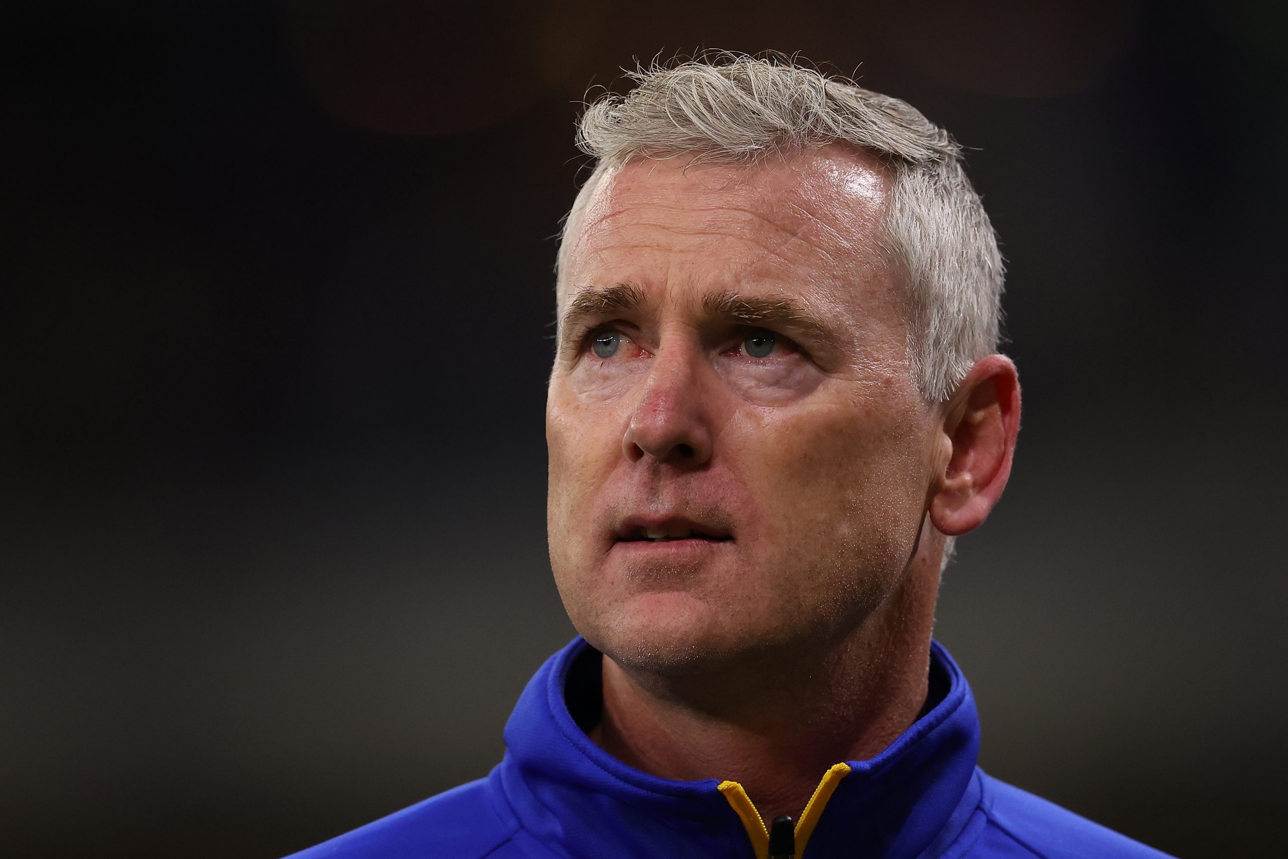 PERTH, AUSTRALIA - APRIL 29: Adam Simpson, head coach of the Eagles looks on during the round seven AFL match between the West Coast Eagles and Carlton Blues at Optus Stadium, on April 29, 2023, in Perth, Australia. (Photo by Paul Kane/Getty Images)