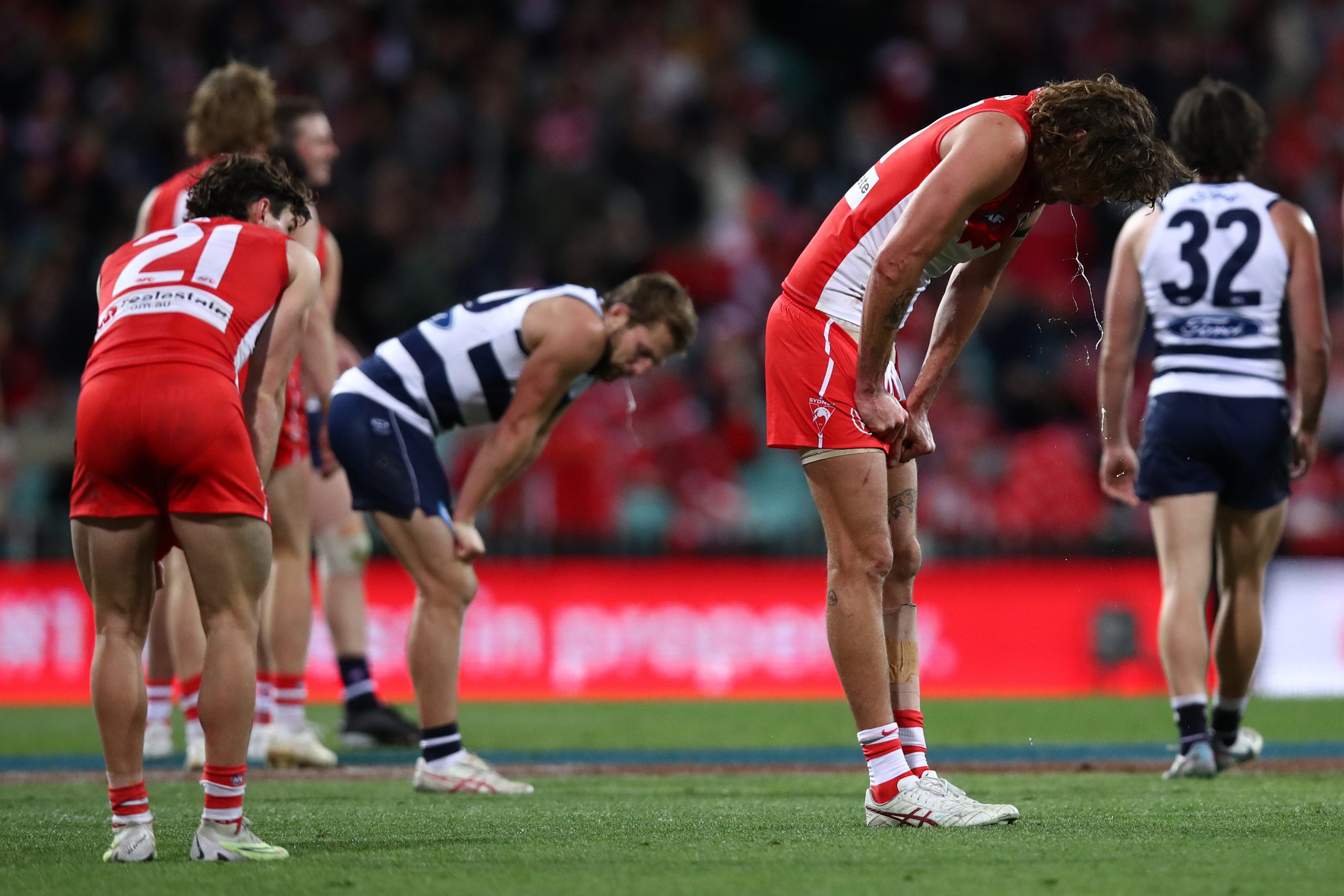Tom Hickey of the Swans reacts at full time following the round 16 AFL match between Sydney Swans and Geelong Cats at Sydney Cricket Ground on June 30, 2023 in Sydney, Australia. (Photo by Jason McCawley/AFL Photos/via Getty Images)