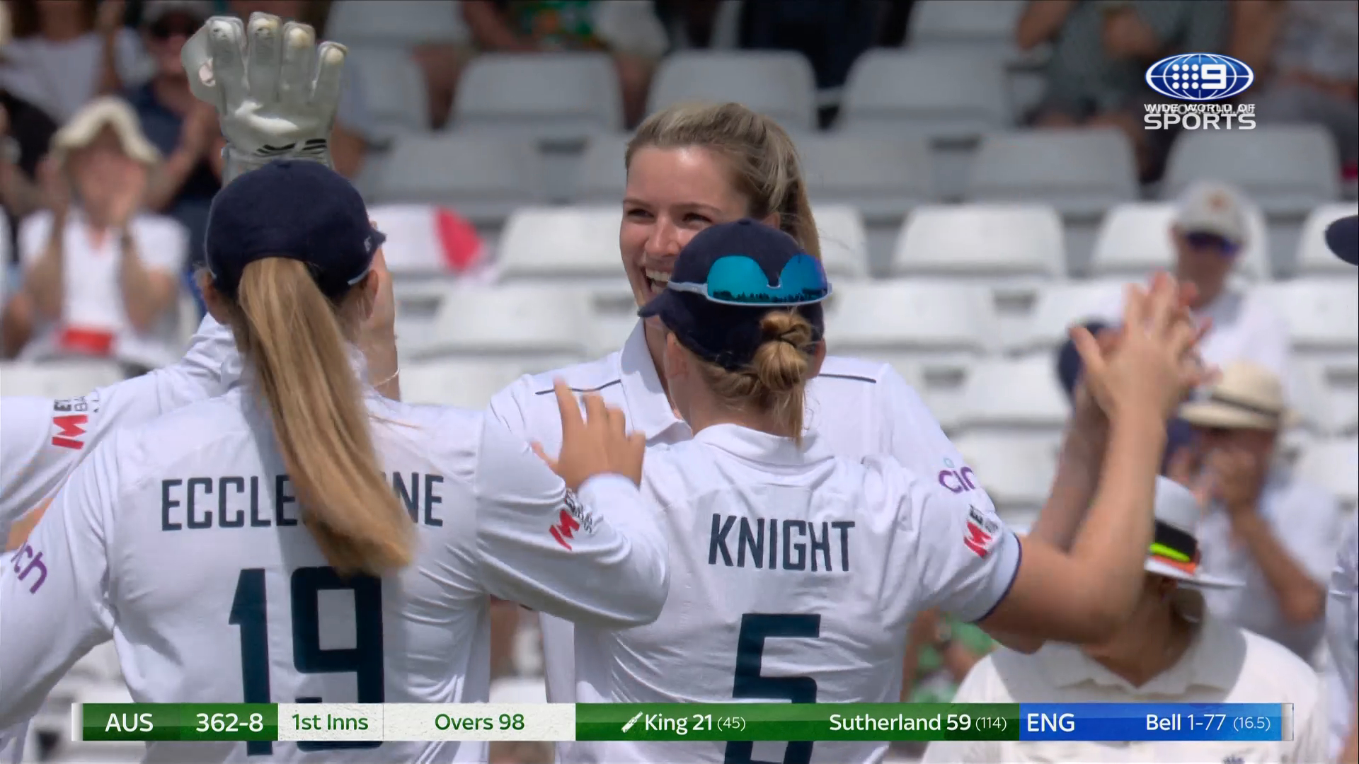 King bowled by Lauren Bell peach