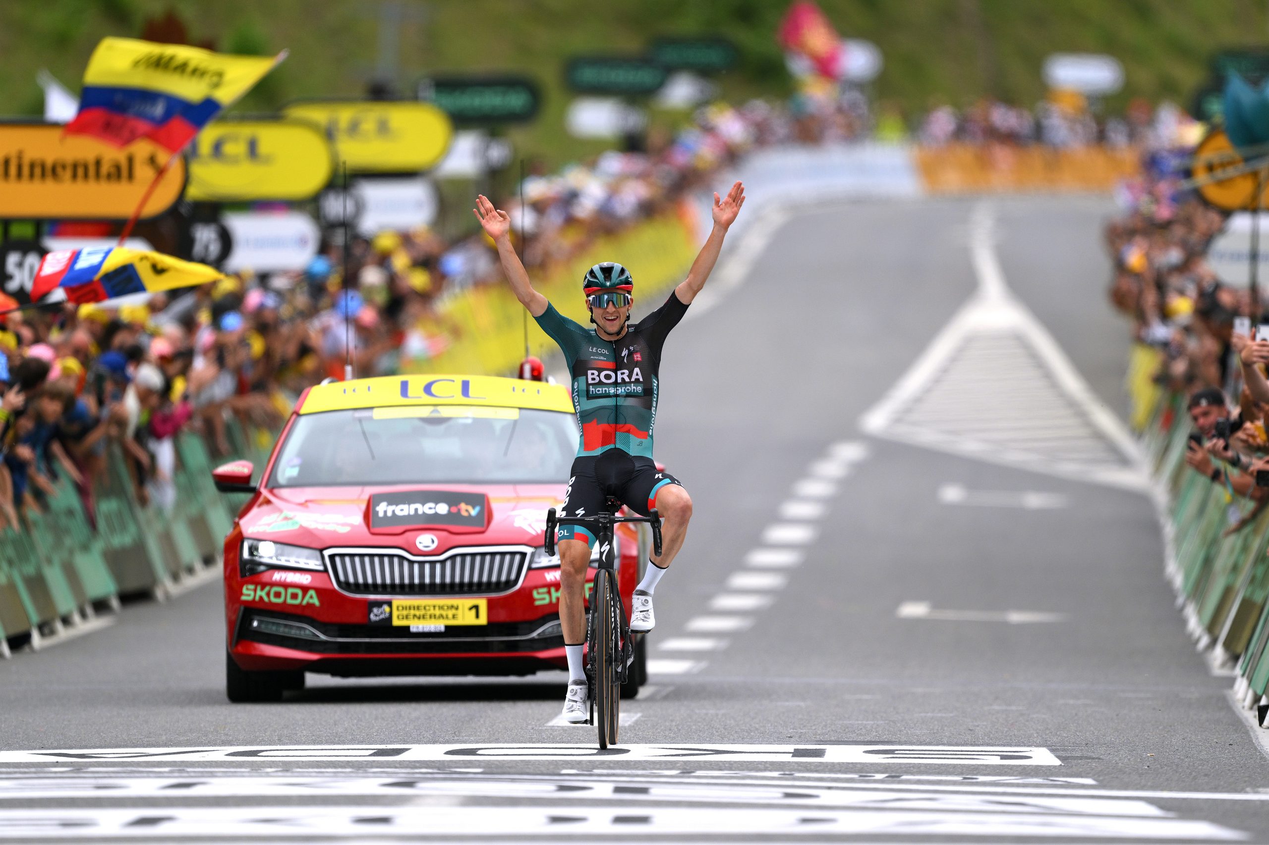 Jai Hindley of Australia and Team BORA-Hansgrohe celebrates at finish line as stage winner during the stage five of the 110th Tour de France 2023 a 162.7km stage from Pau to Laruns / #UCIWT / on July 05, 2023 in Laruns, France. (Photo by David Ramos/Getty Images)